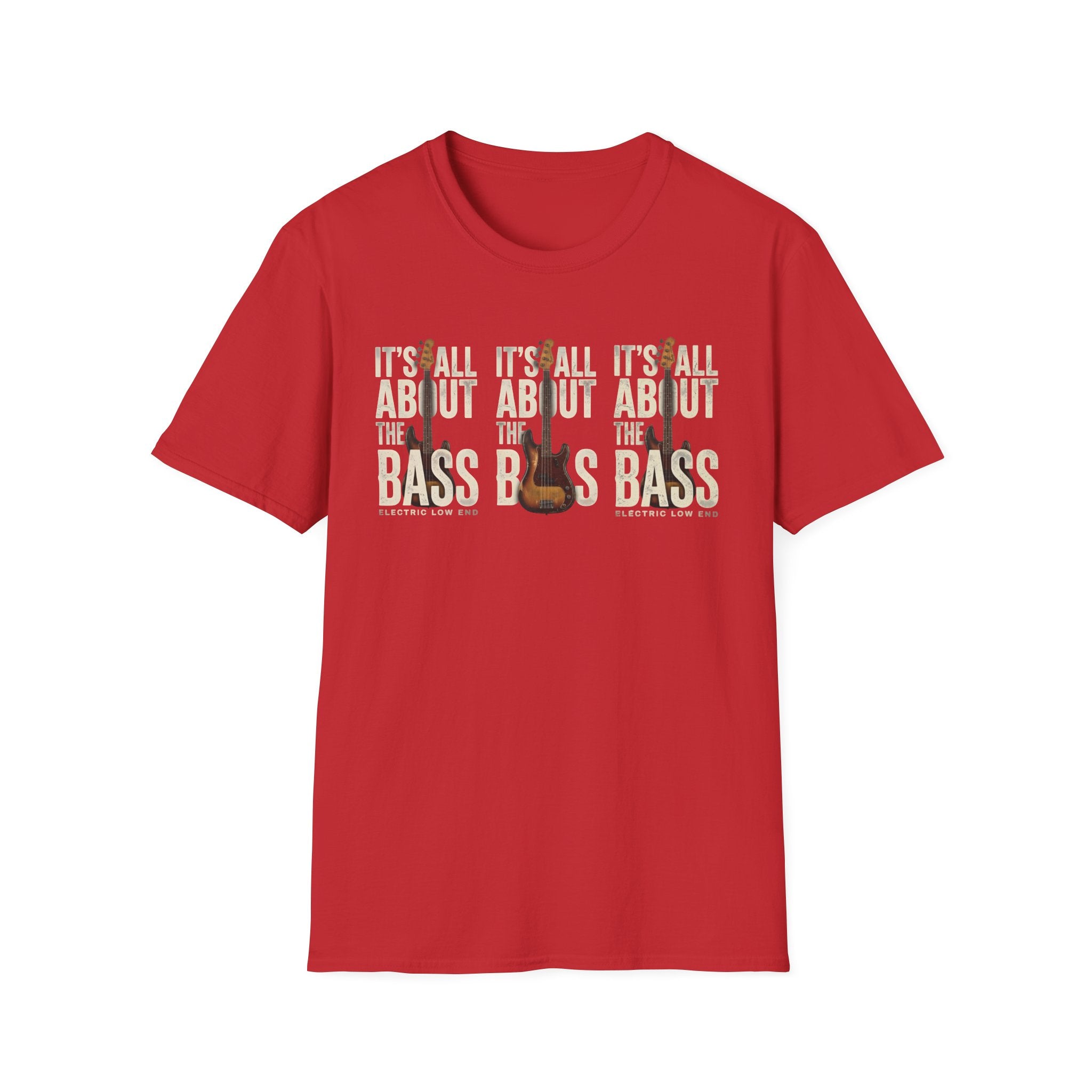 Red t-shirt with 'It's All About the Bass' text and guitar graphic on a white background