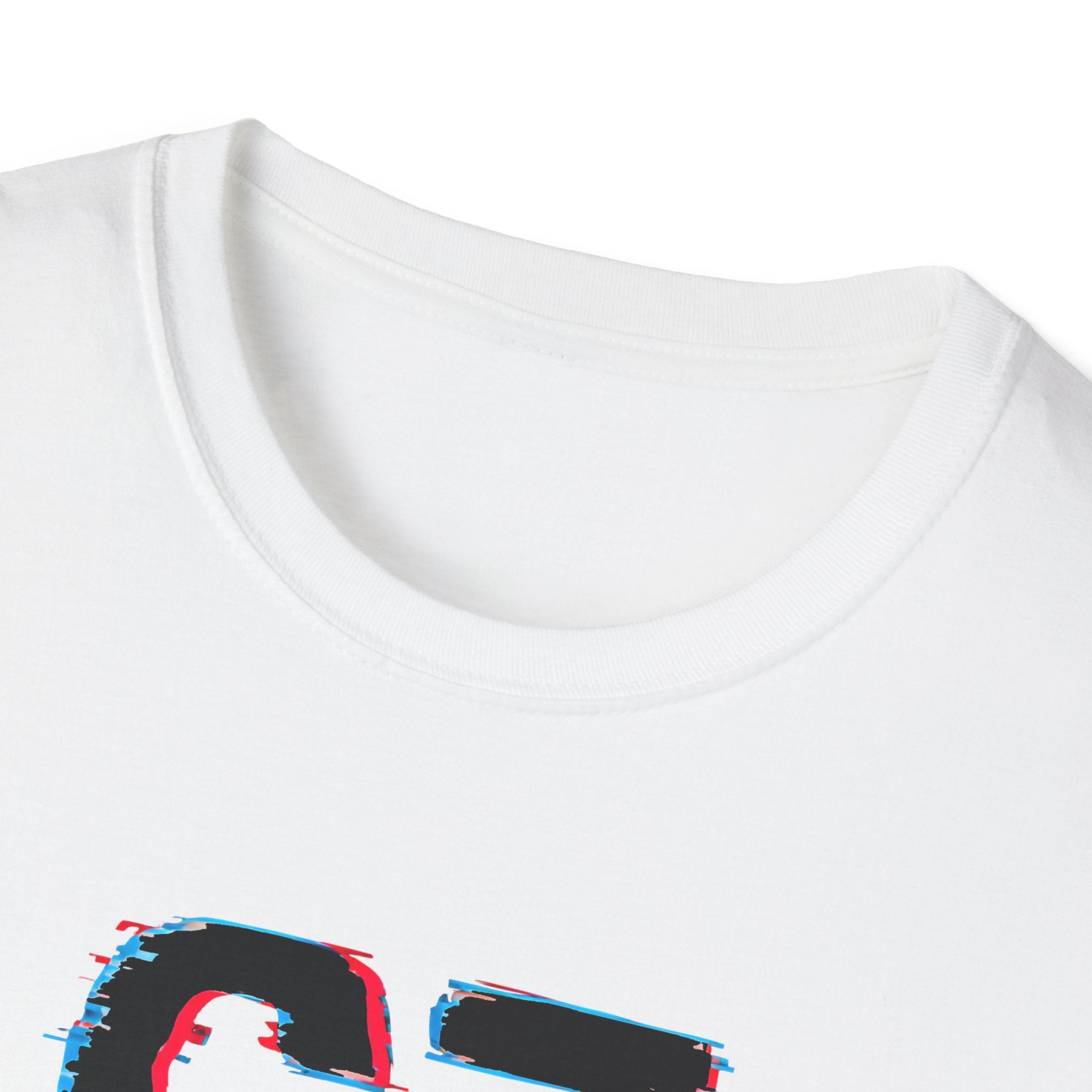 Collar Close-up of a white t-shirt with a colourful logo on a white background