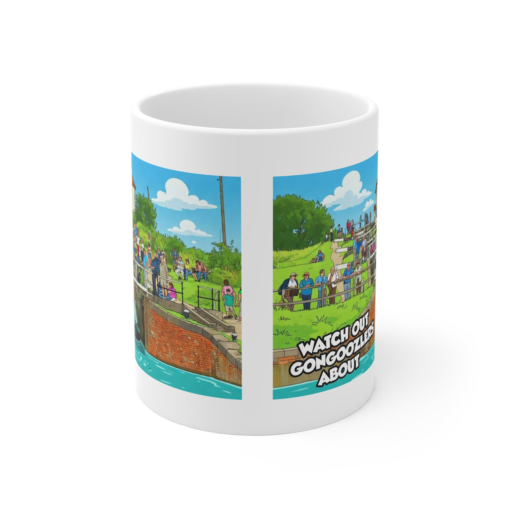 Mug — 'Watch Out Gongooolzers About' Canal Scene Cartoon Coffee Mug Printify