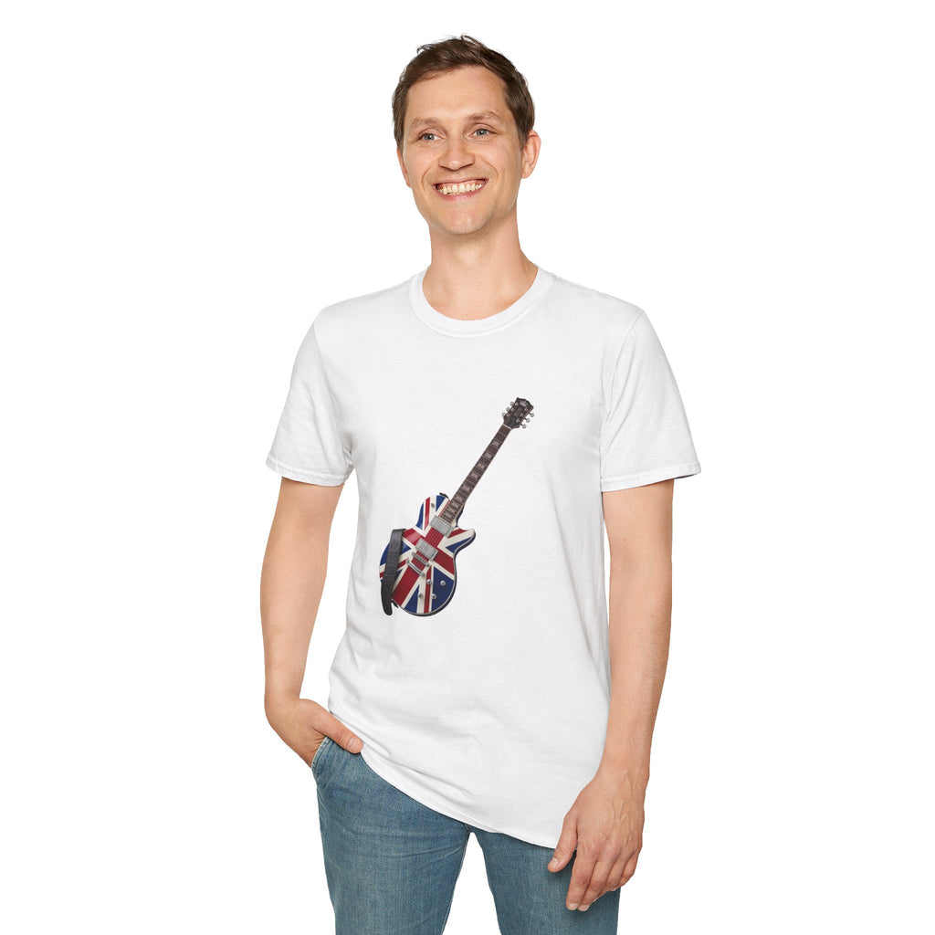 Person wearing a white t-shirt with a guitar and Union Jack design on a white background