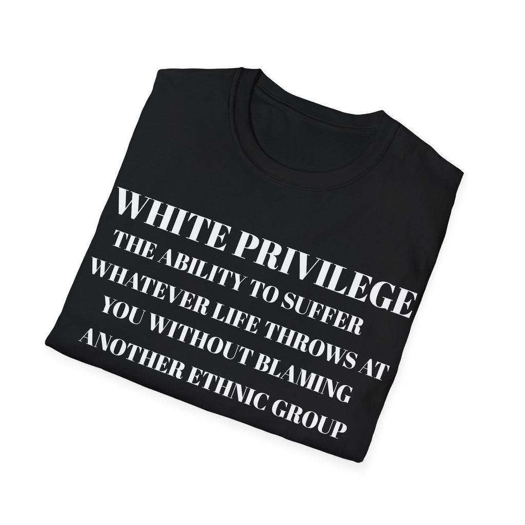 Folded Black t-shirt with white text white privilege on a white background