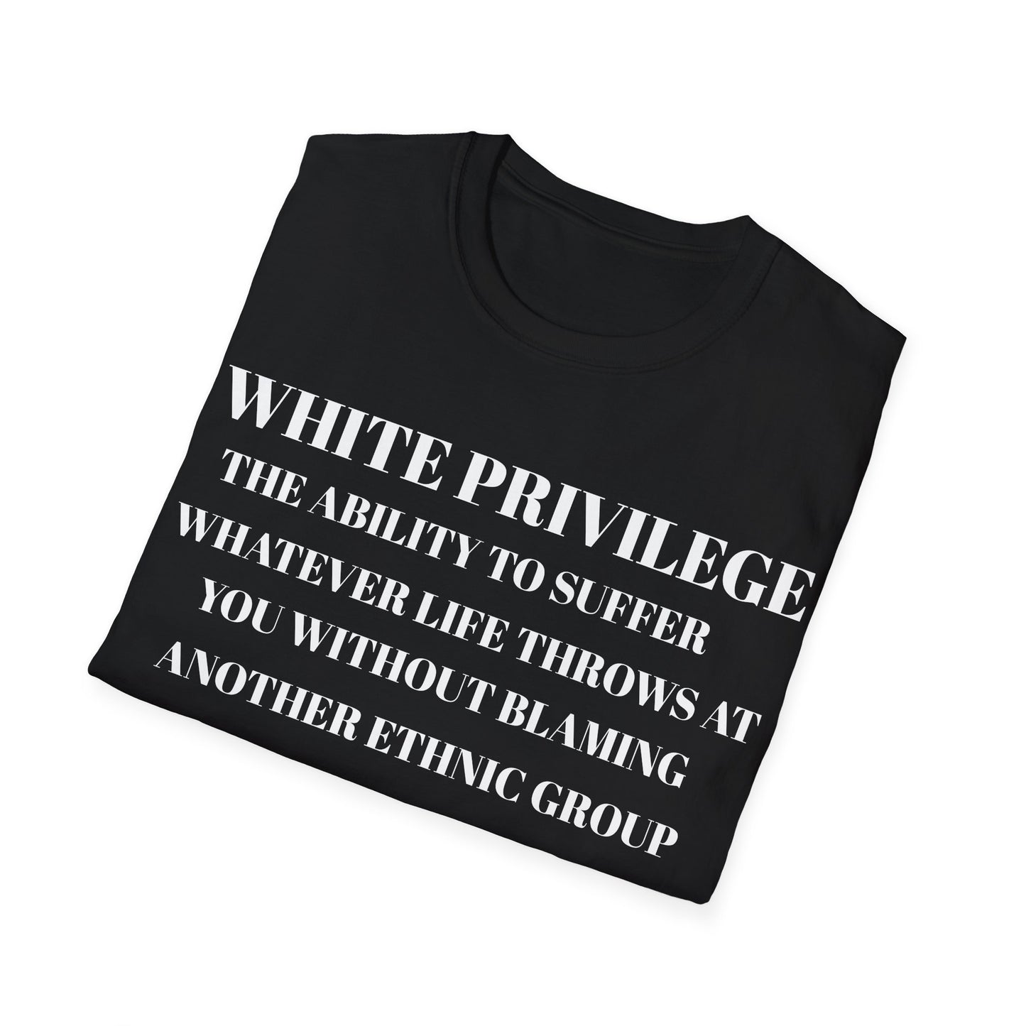 Folded Black t-shirt with white text white privilege on a white background