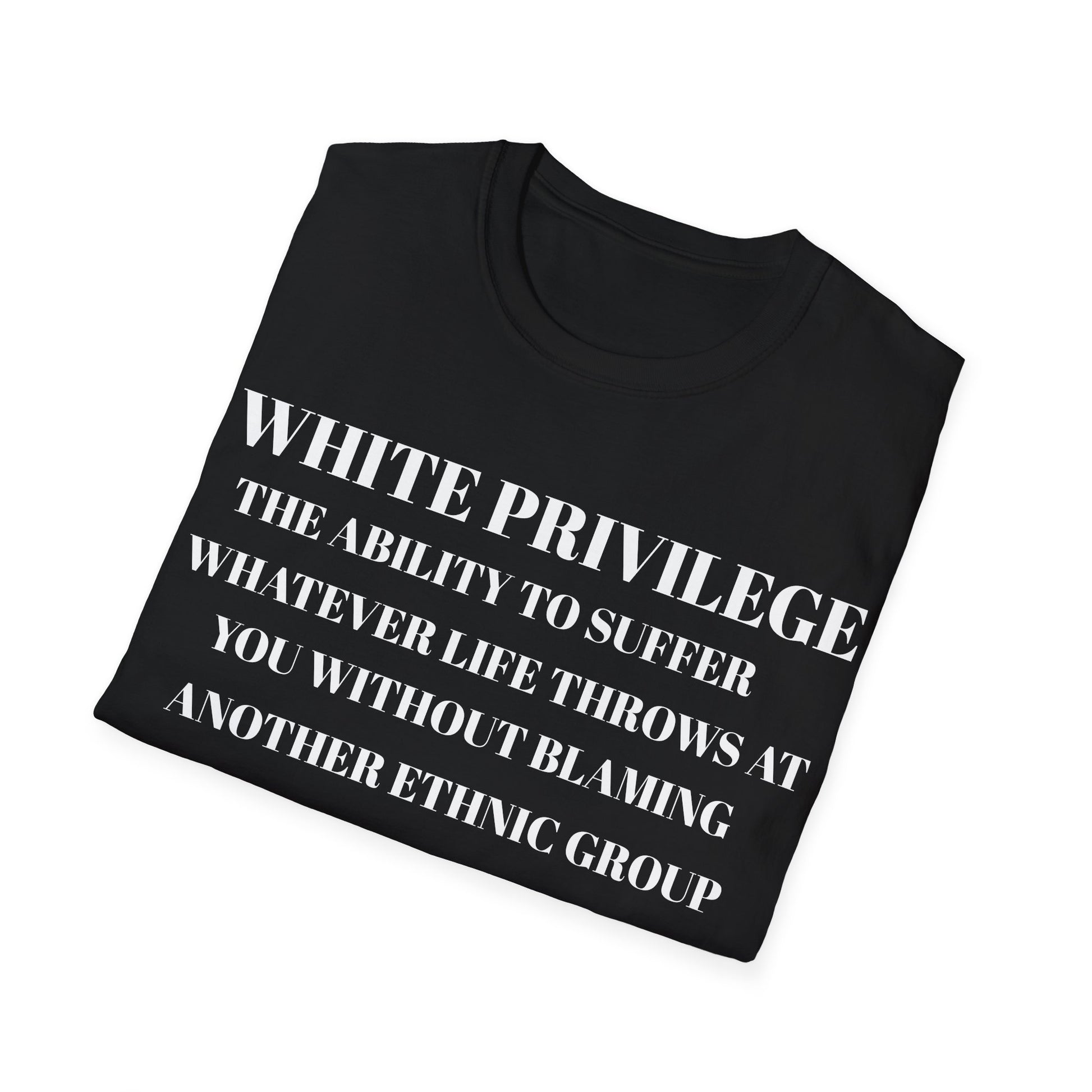 Folded Black t-shirt with white text white privilege on a white background