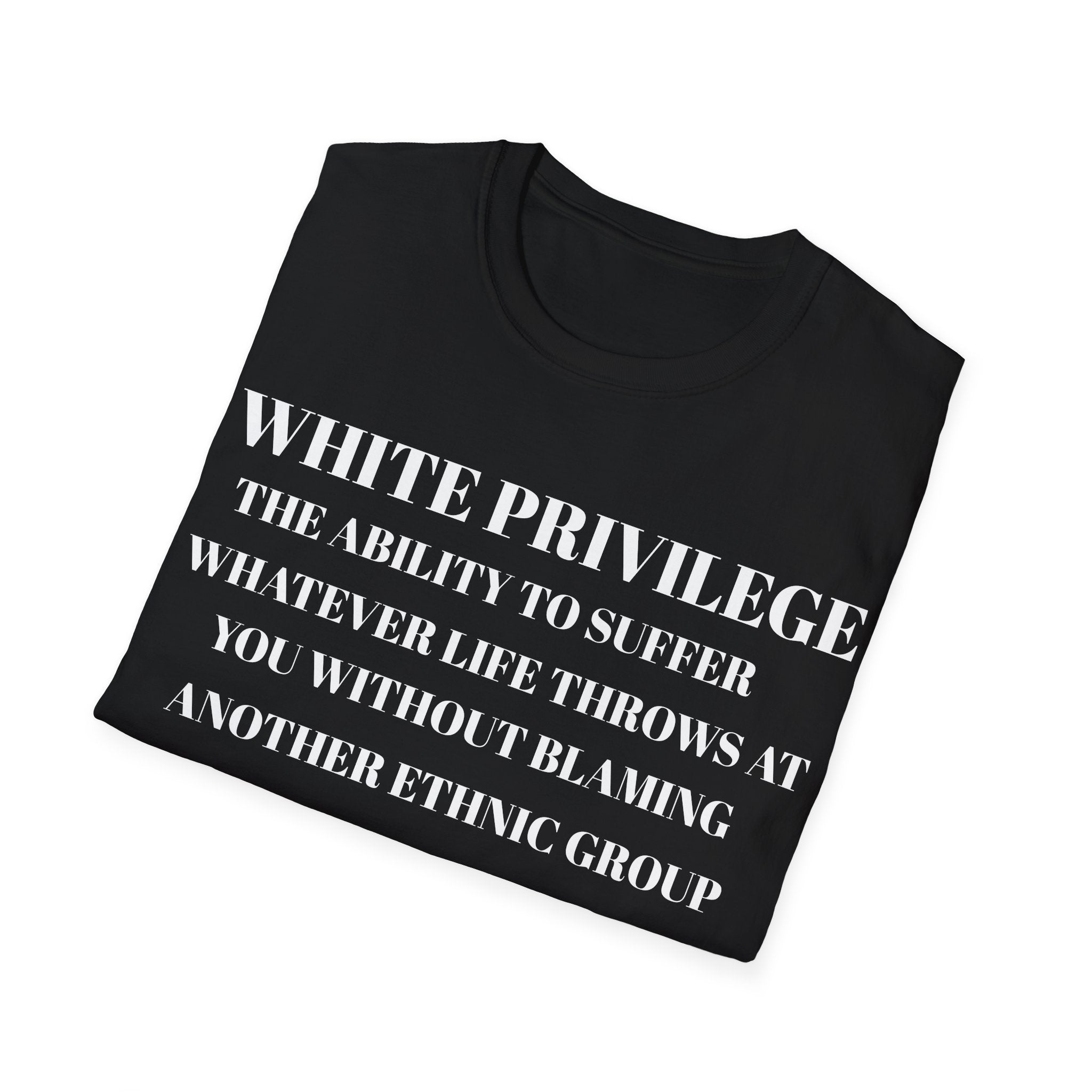 Folded Black t-shirt with white text white privilege on a white background