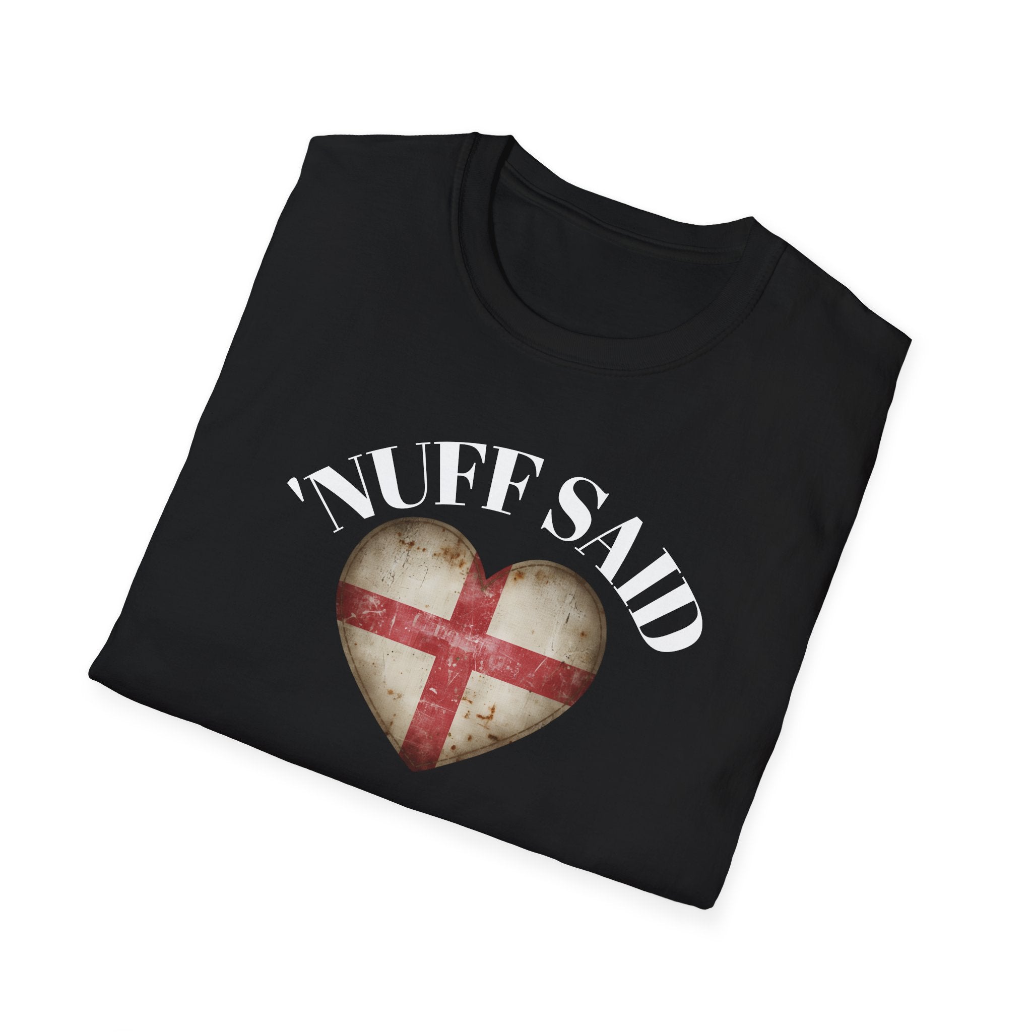 Black t shirt with a heart design and 'Nuff Said' text on a white background
