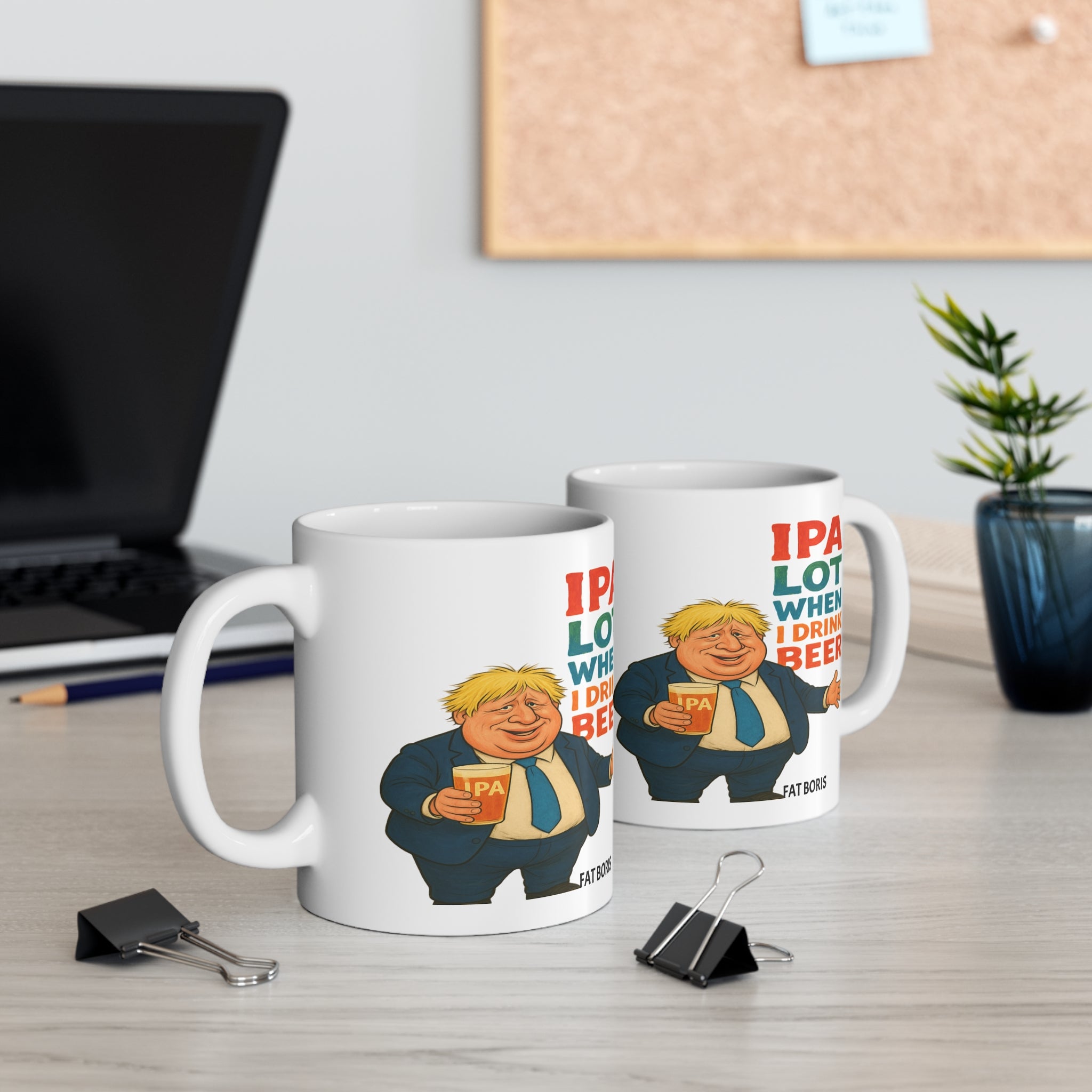 Two White 11oz ceramic mug Featuring a playful "IPA  Lot When I Drink Beer" tagline paired with a charmingly rotund Fat Boris cartoon,