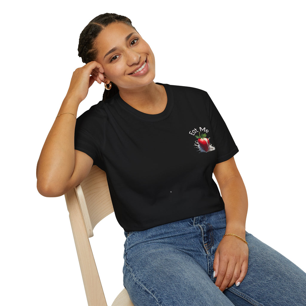 Woman wearing a black t-shirt with a small design, sitting on a chair against a white background