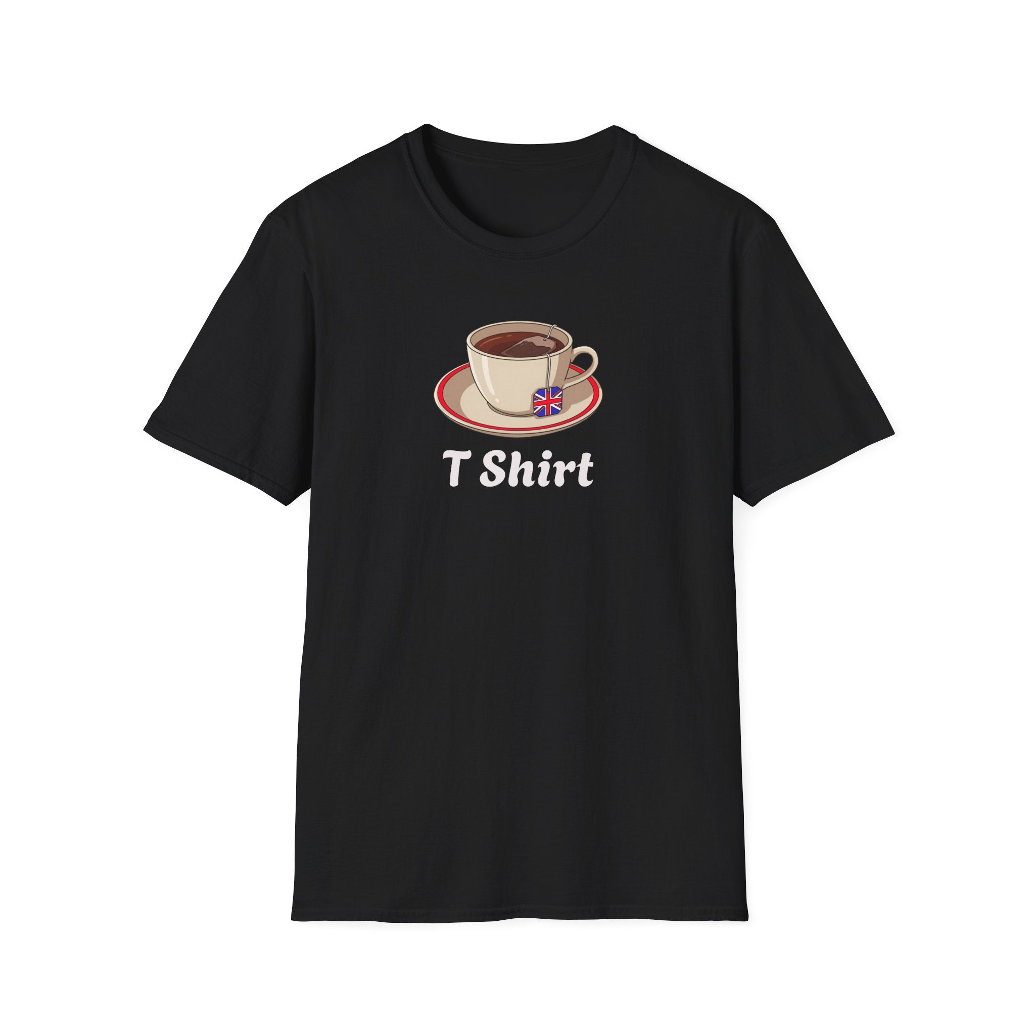 Black t-shirt with a coffee cup design and 'T Shirt' text on a white background