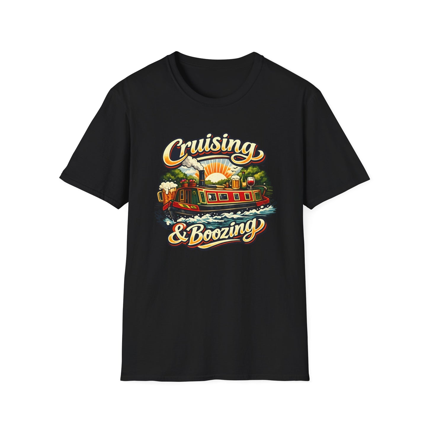 Black t-shirt with 'Cruising & Boozing' graphic design on a white background