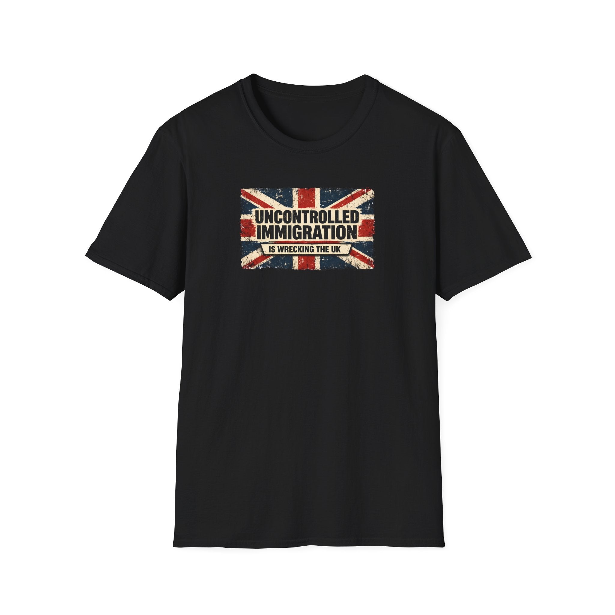 Political Statement T-Shirt — "Uncontrolled Immigration Is Wrecking the UK" Union Jack Design