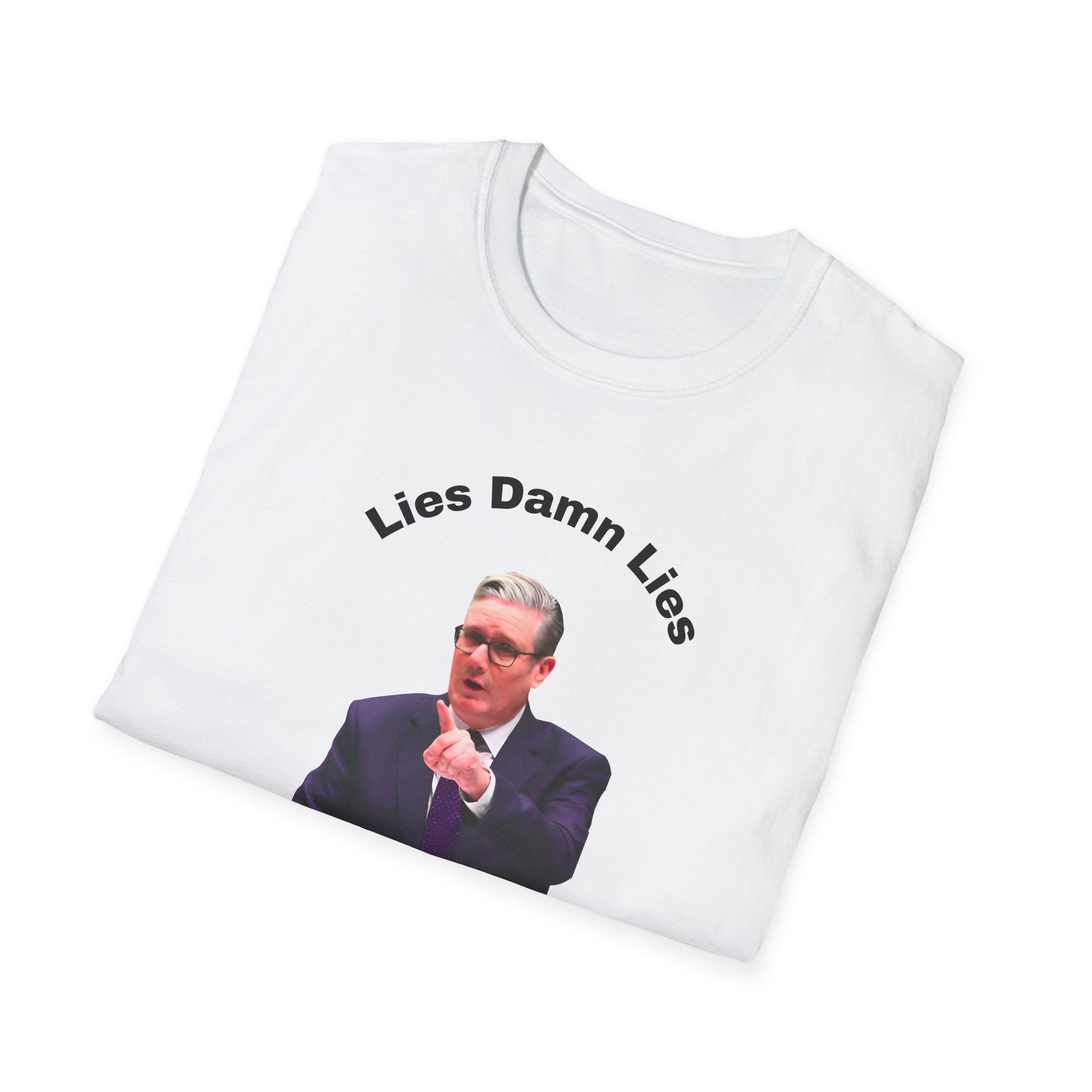 FOLDED White t-shirt with a graphic KIER STARMER in a suit and sunglasses and the text 'Lies Damn Lies' on a white background.