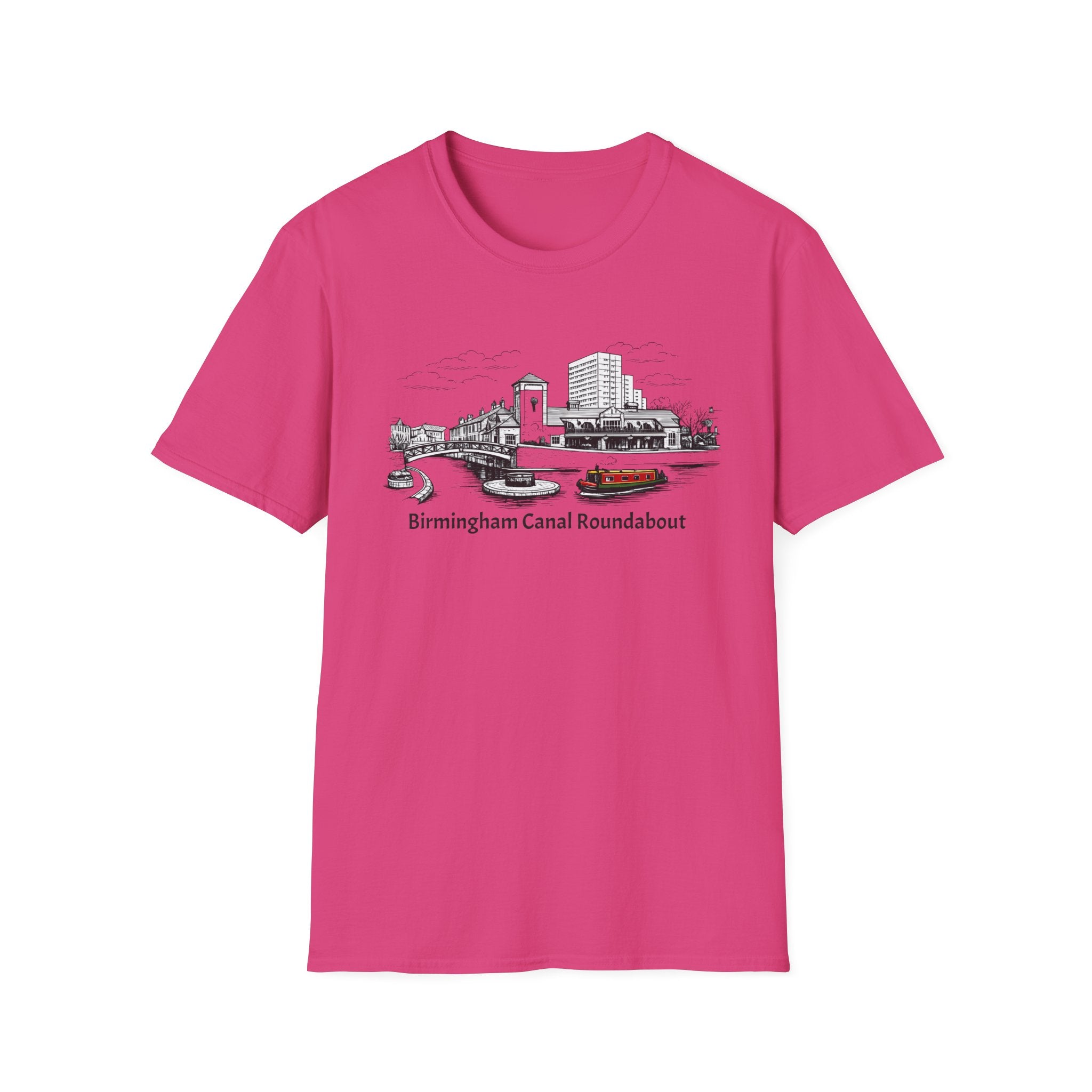 Pink t-shirt with a graphic design of Birmingham Canal Roundabout on a white background