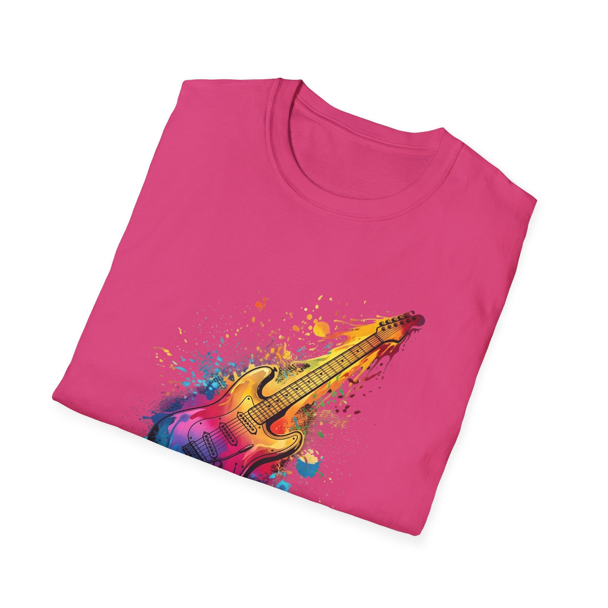 Pink t-shirt with a colorful guitar design on a white background