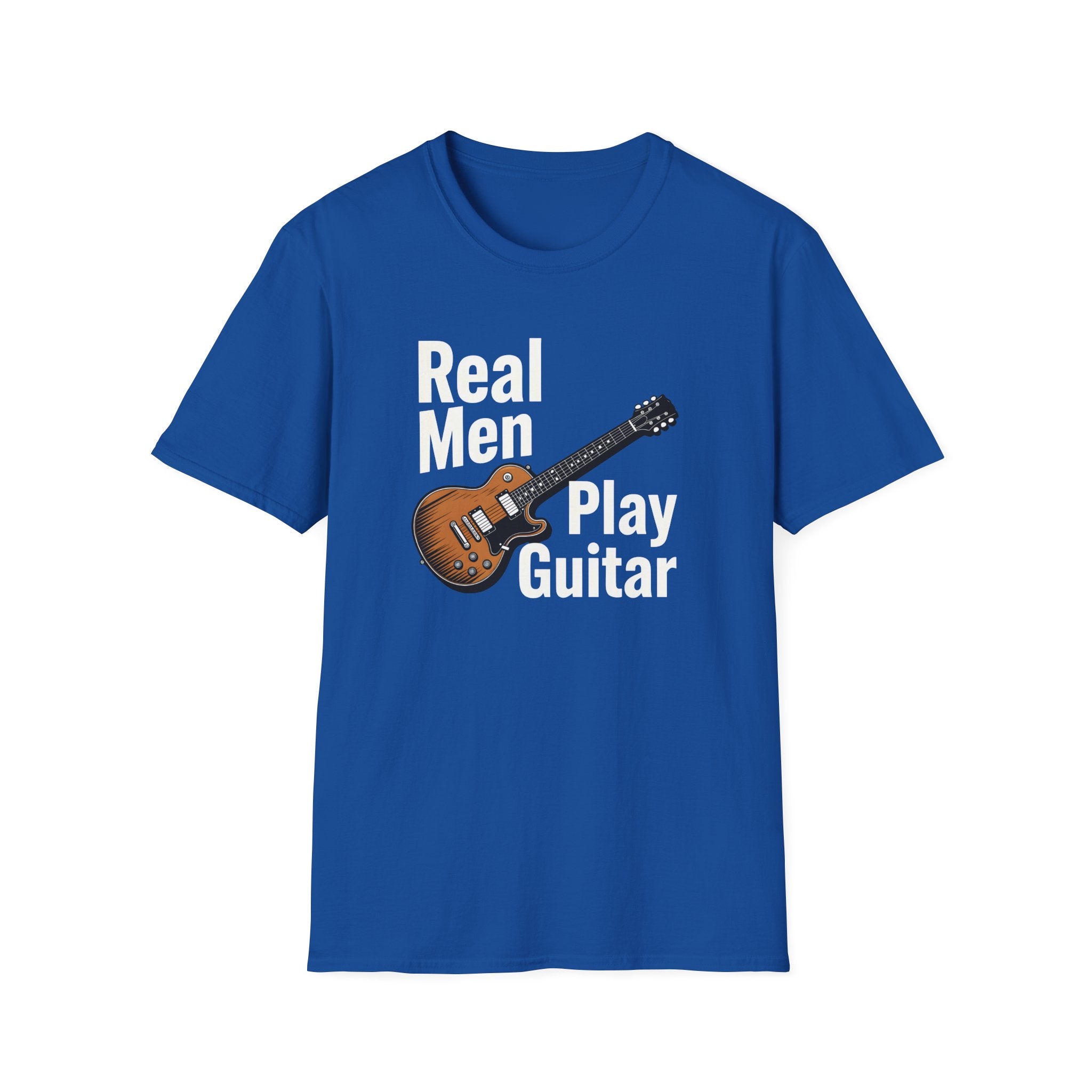 Blue t-shirt with a graphic of a guitar and text 'Real Men Play Guitar' on a white background
