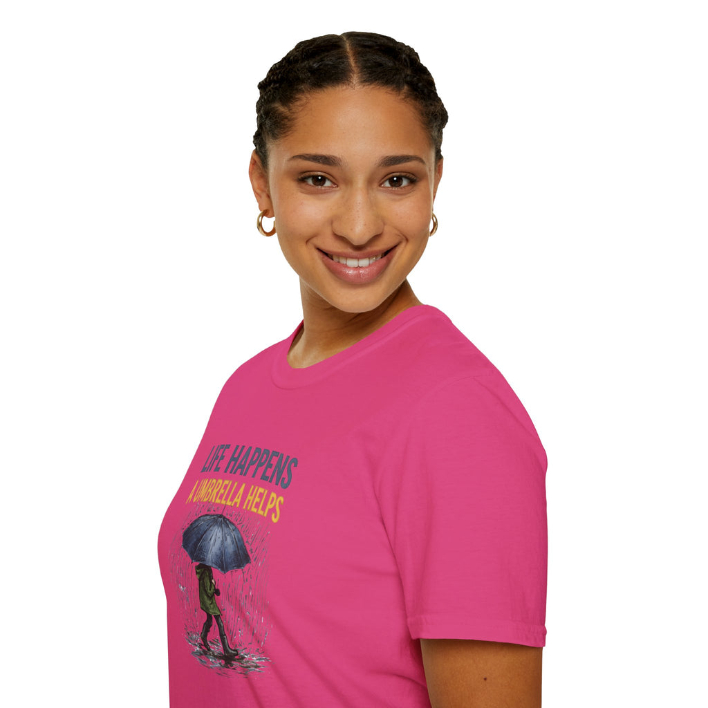 Life Happens A Umbrella Helps T-Shirt | Funny Rain Quote Tee | Printify