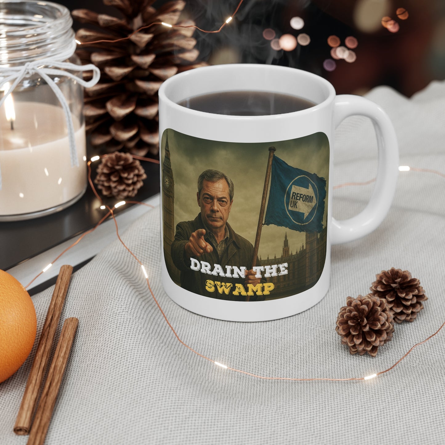 Dystopian 'Drain the Swamp' Mug — Nigel Farage with Reform UK Flag (11oz White Mug