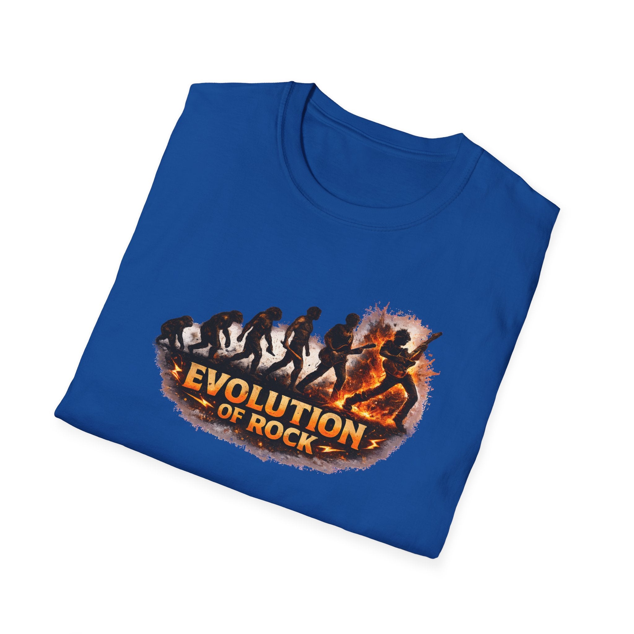 Folded blue t-shirt with 'Evolution of Rock' graphic design on a white background
