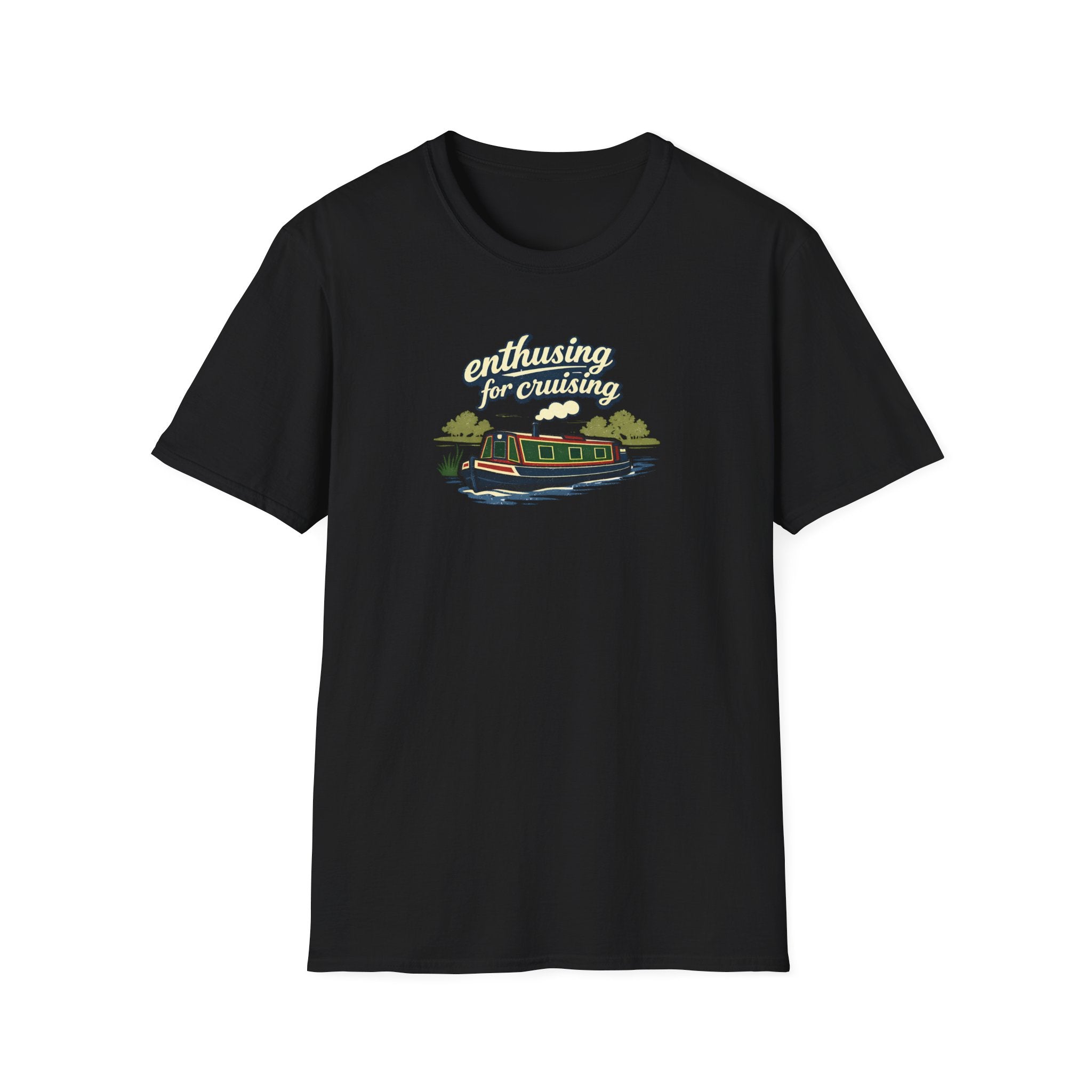 black t-shirt with a graphic design of canal narrow boat text enthusing for cruising