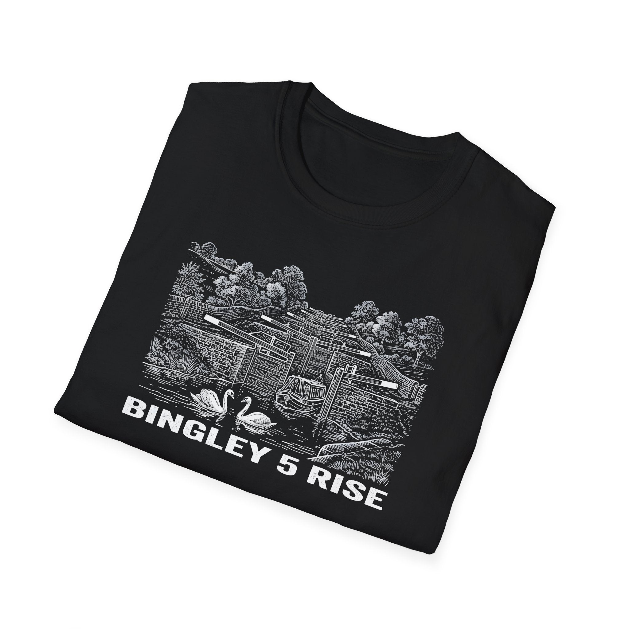 Black t-shirt with white graphic design and 'Bingley 5 Rise' text on a white background