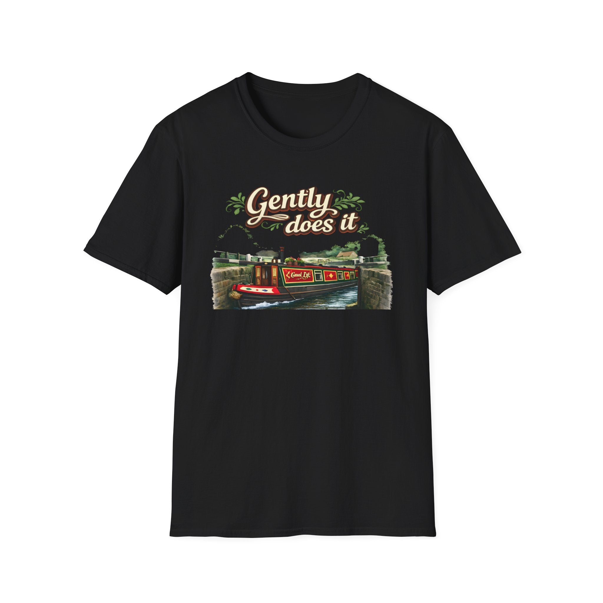 T-Shirt — "Gently Does It" Canal Boat Vintage Travel Tee Printify