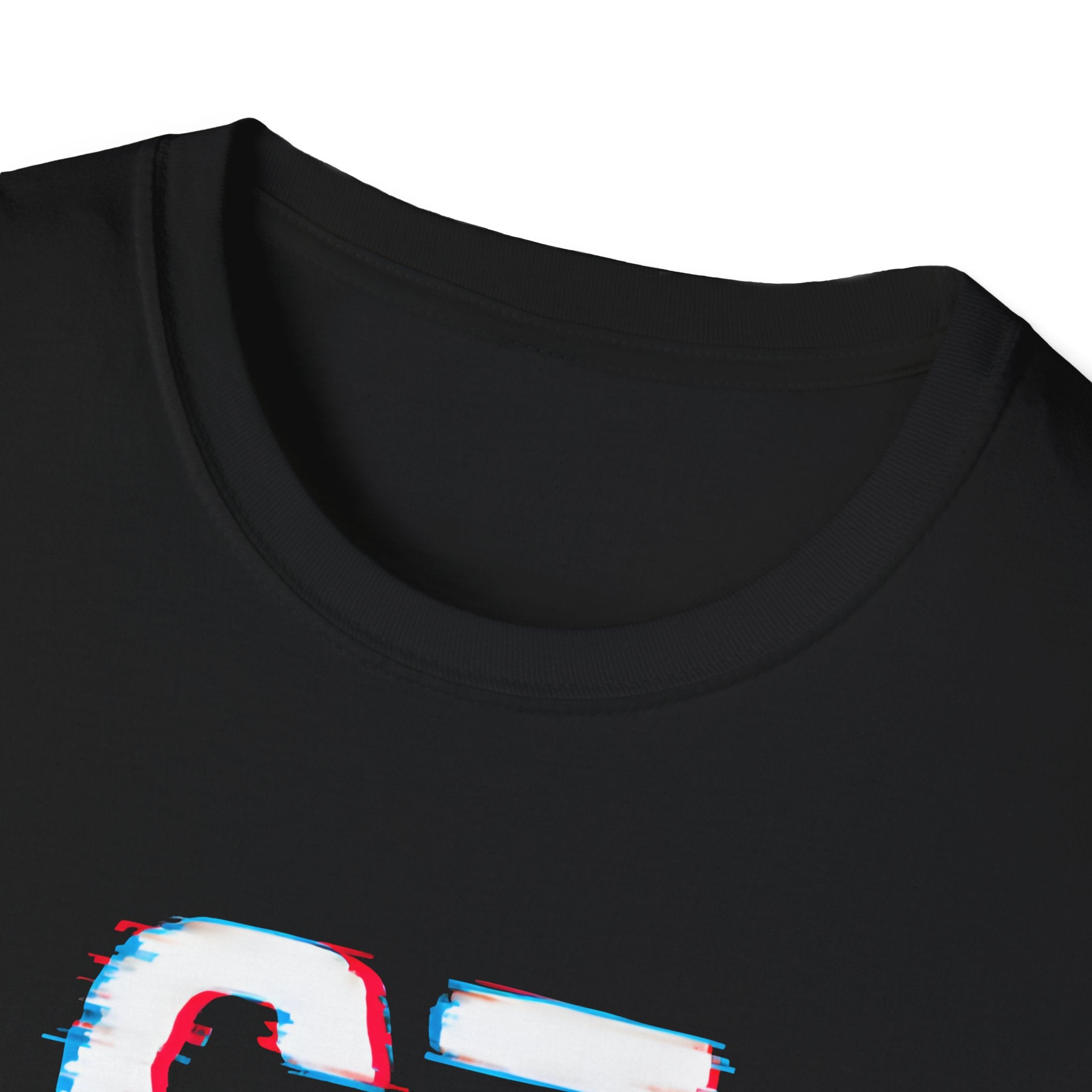 Collar close up, Black t-shirt with a colourful graphic design on a white background 