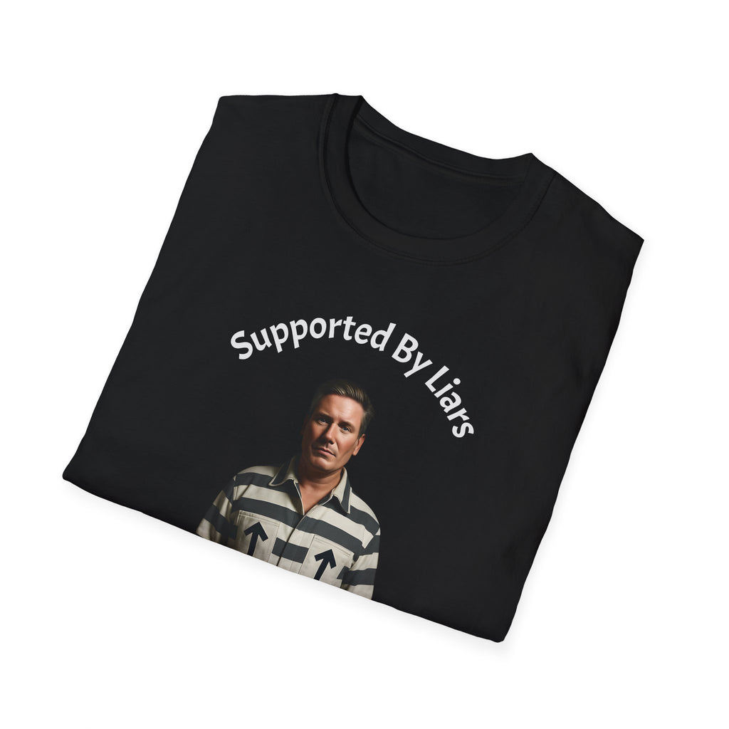 T Shirt with graphic “Kier Starmer Felon tee: Supported By Liars” Political Satire