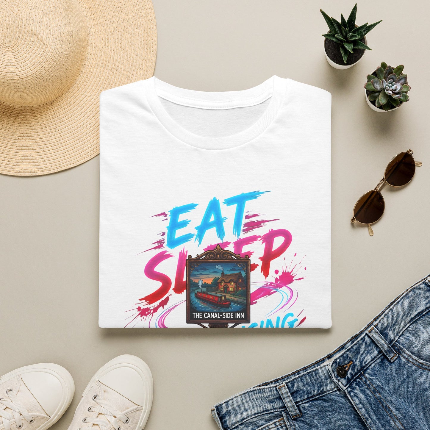 Eat Sleep Pub-Cruising Repeat T-Shirt — Canal-Side Inn Graphic Tee 