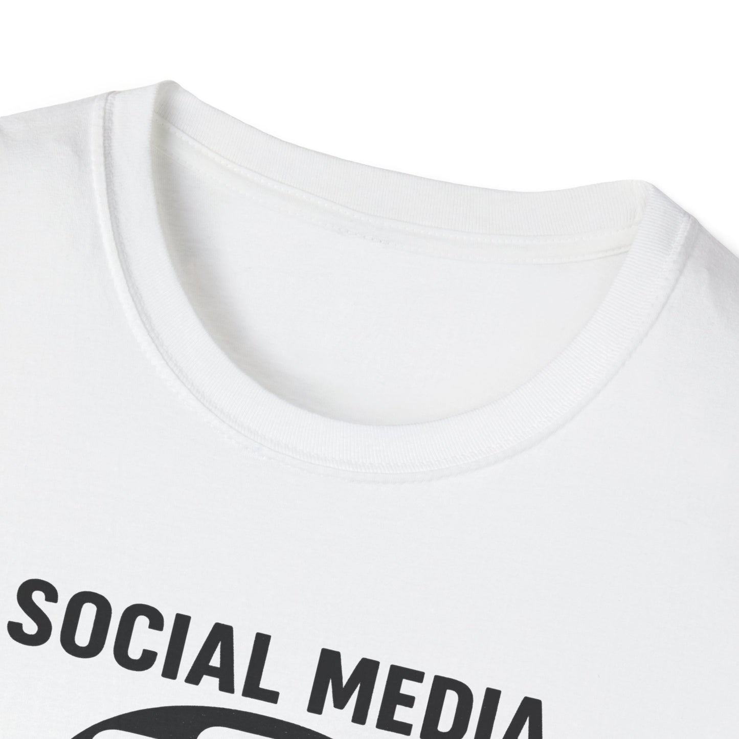 Collar view  anti-social media skull design T-Shirt with the message 'social media kills' 