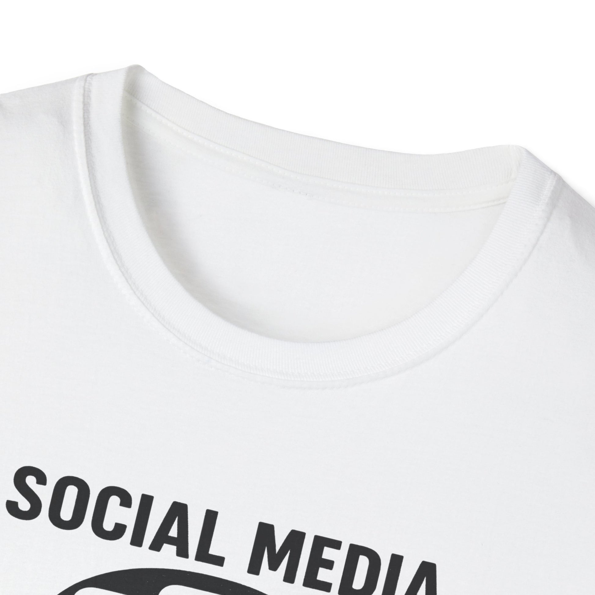 Collar view  anti-social media skull design T-Shirt with the message 'social media kills' 