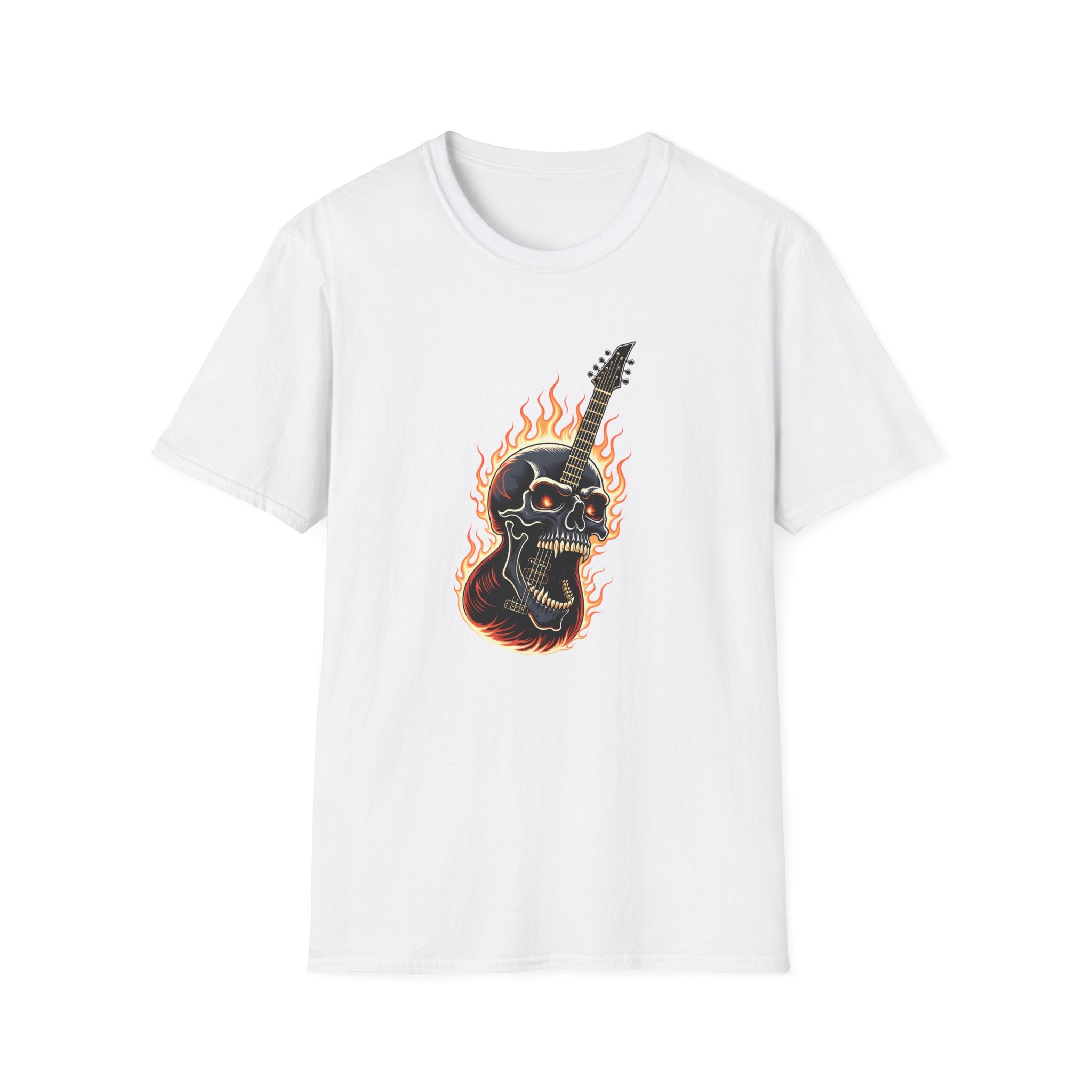 White t-shirt with a graphic design of a flaming guitar and skull on a white background