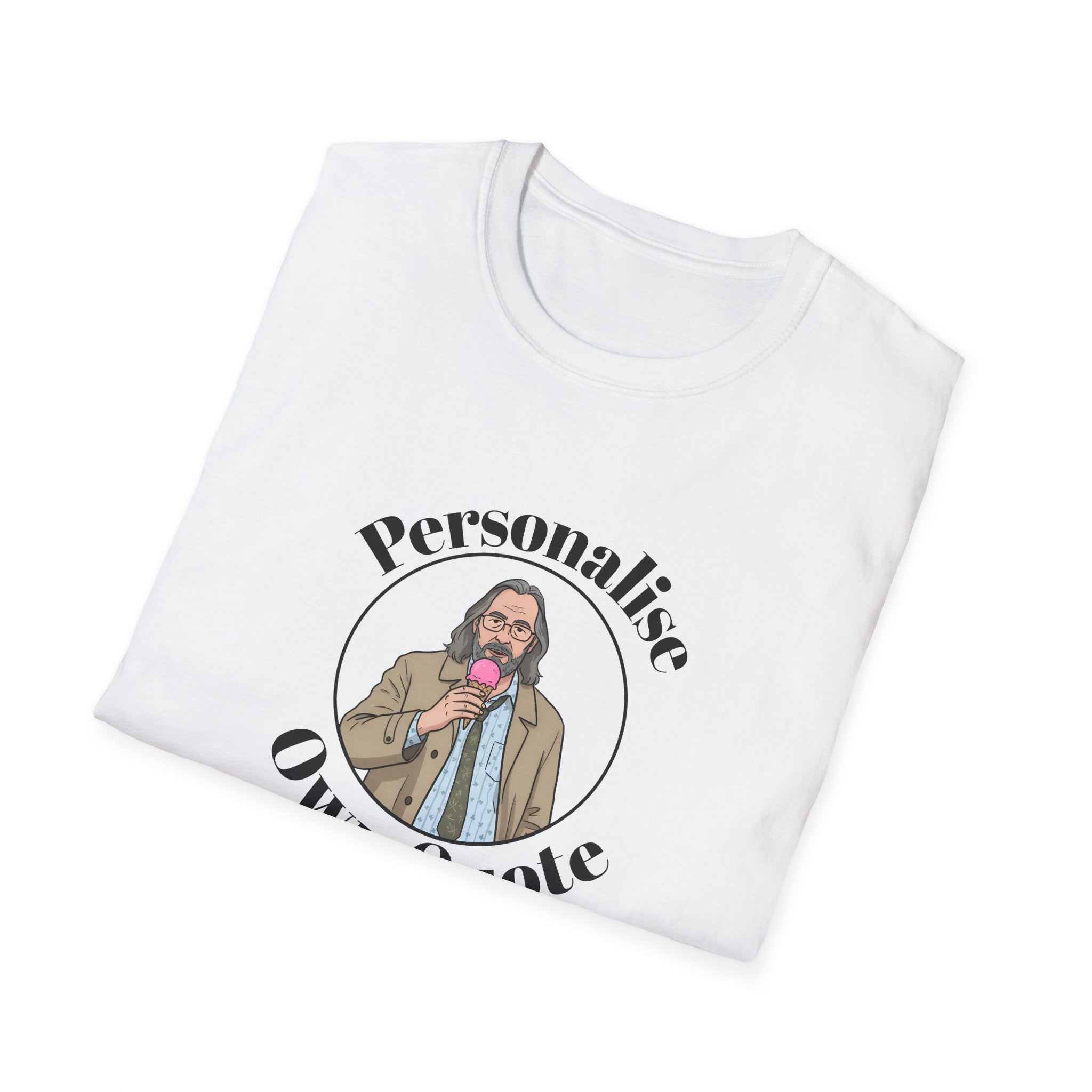 Folded white t shirt with Jackson lamb graphic personalised text