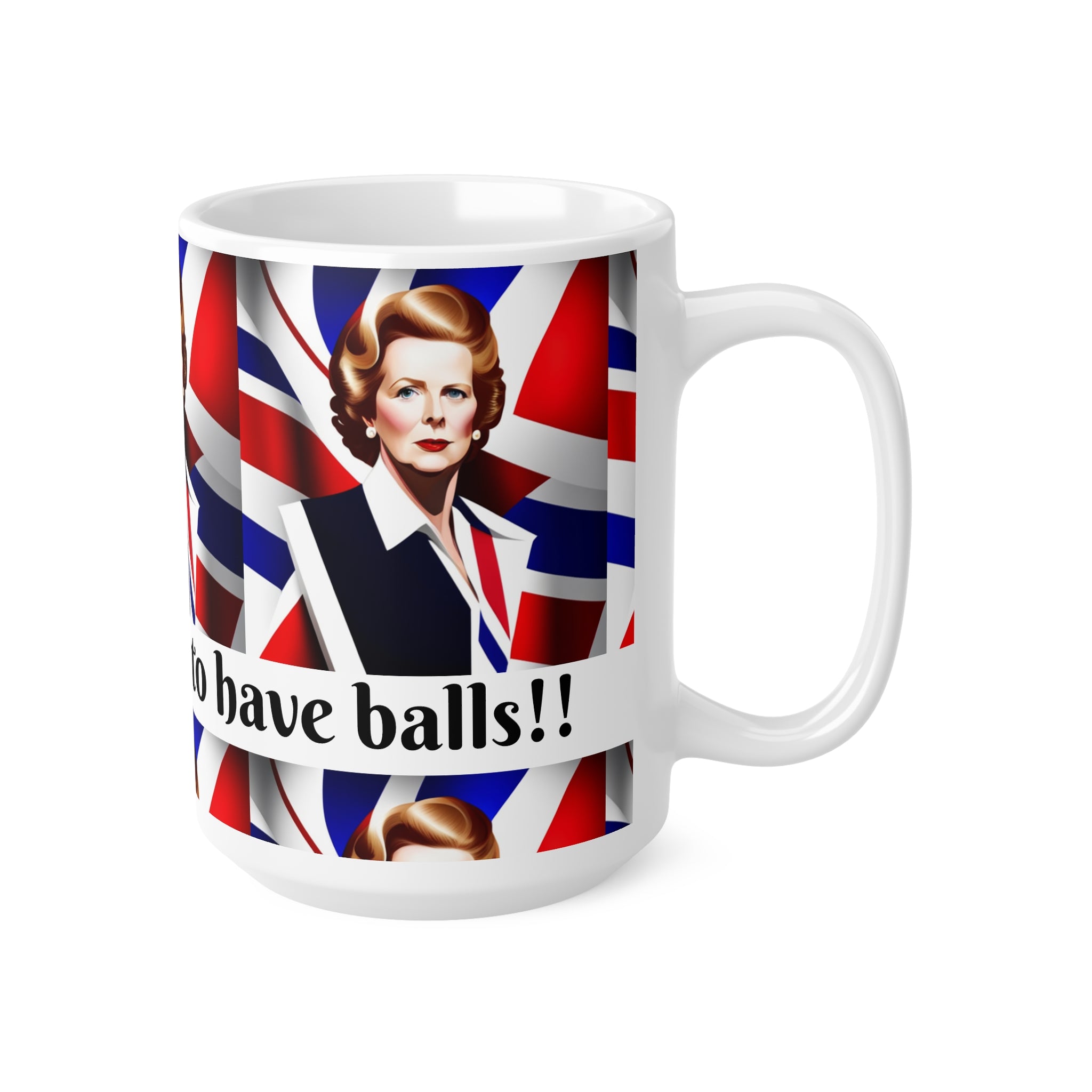 Mug with a graphic design featuring a Margaret Thatcher and British flag, with text on a white background