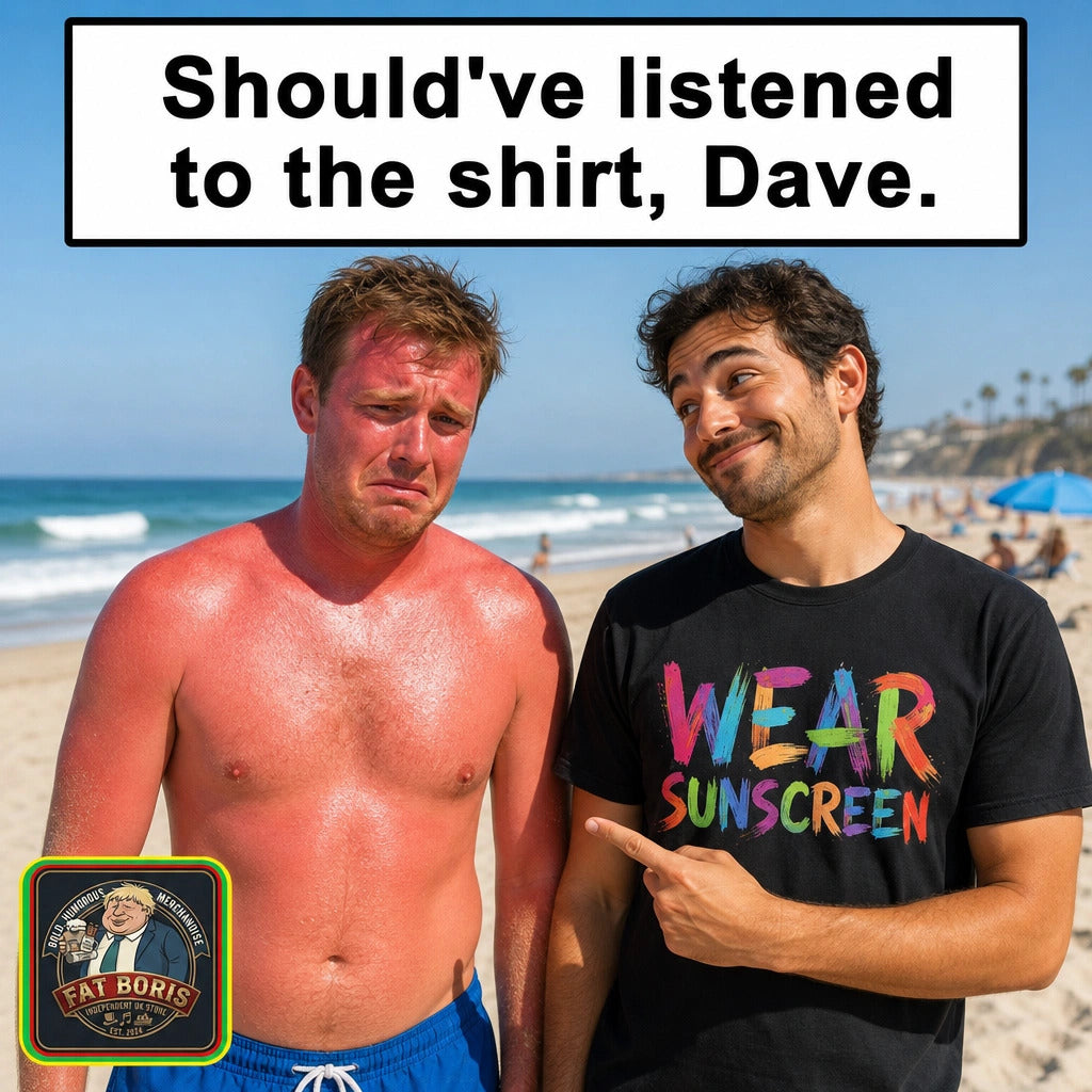 Two men standing on a sunny beach, with the man on the right wearing a black graphic T-shirt that reads 'WEAR SUNSCREEN' in rainbow letters and pointing at it. A large text box at the top says, 'Should've listened to the shirt, Dave.