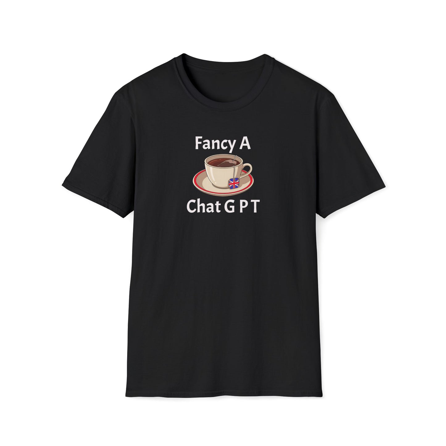 Black t-shirt with a graphic of a coffee cup and saucer on a white background with text "fancy a ChatGPT"