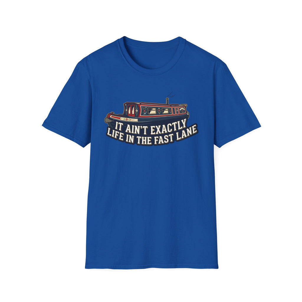 Blue t-shirt with a graphic and text on a white background