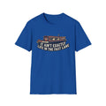 Blue t-shirt with a graphic and text on a white background