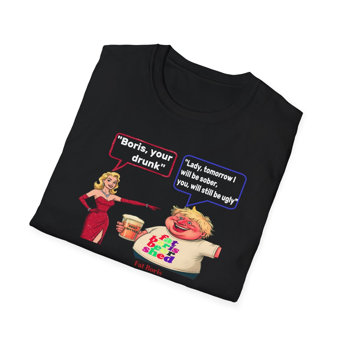Black t-shirt with graphic design featuring a woman in a red dress and a man in a white shirt with colourful text bubbles.