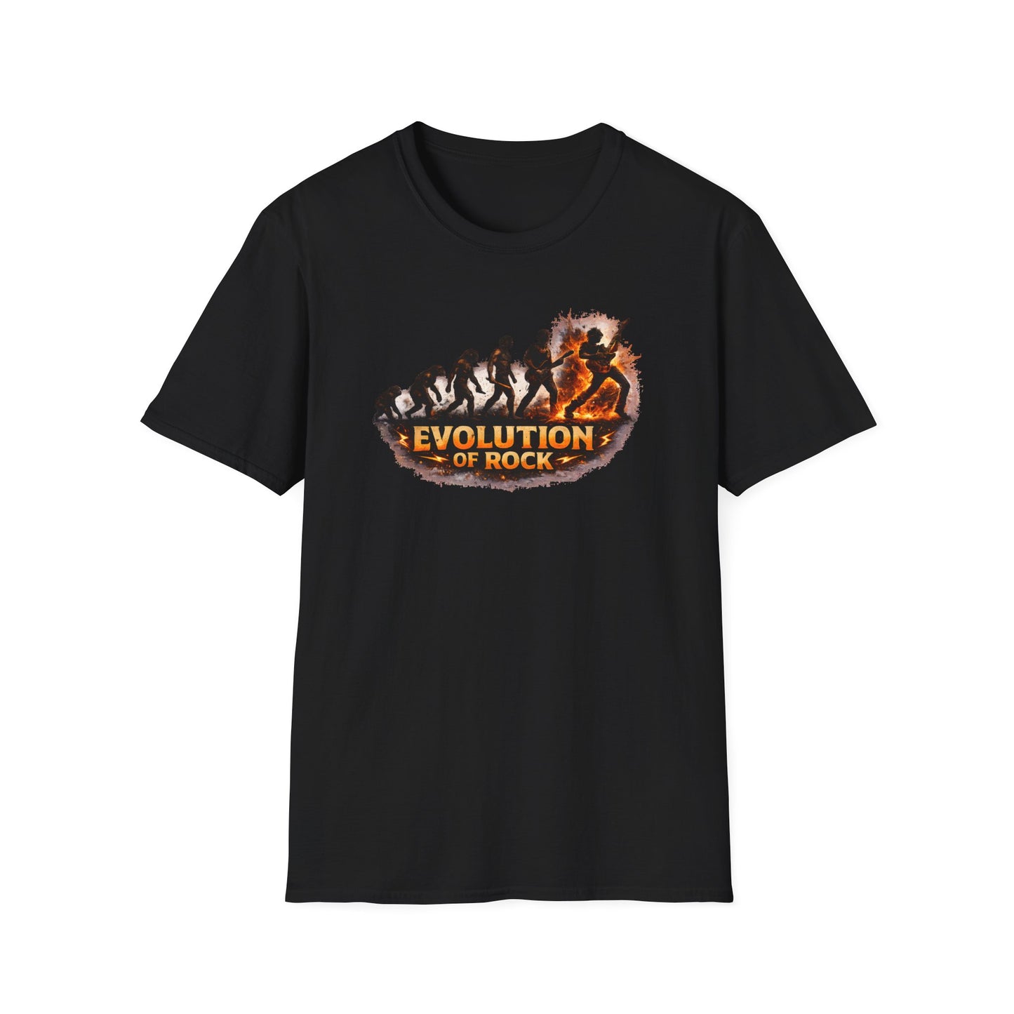 Black t-shirt with 'Evolution of Rock' graphic design on a white background