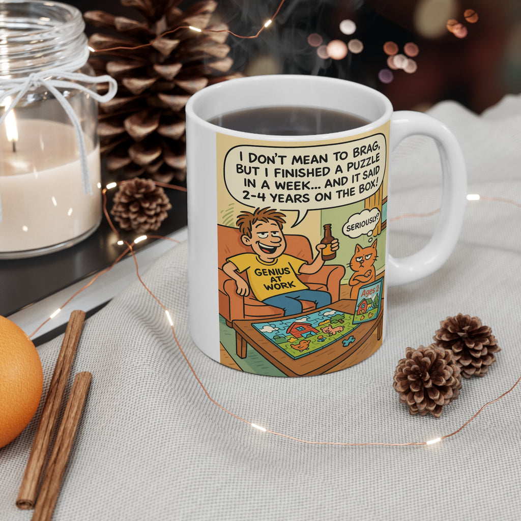 Mug with a cartoon design featuring a person and cat at a table with text, surrounded by decorative items like pine cones and an orange.