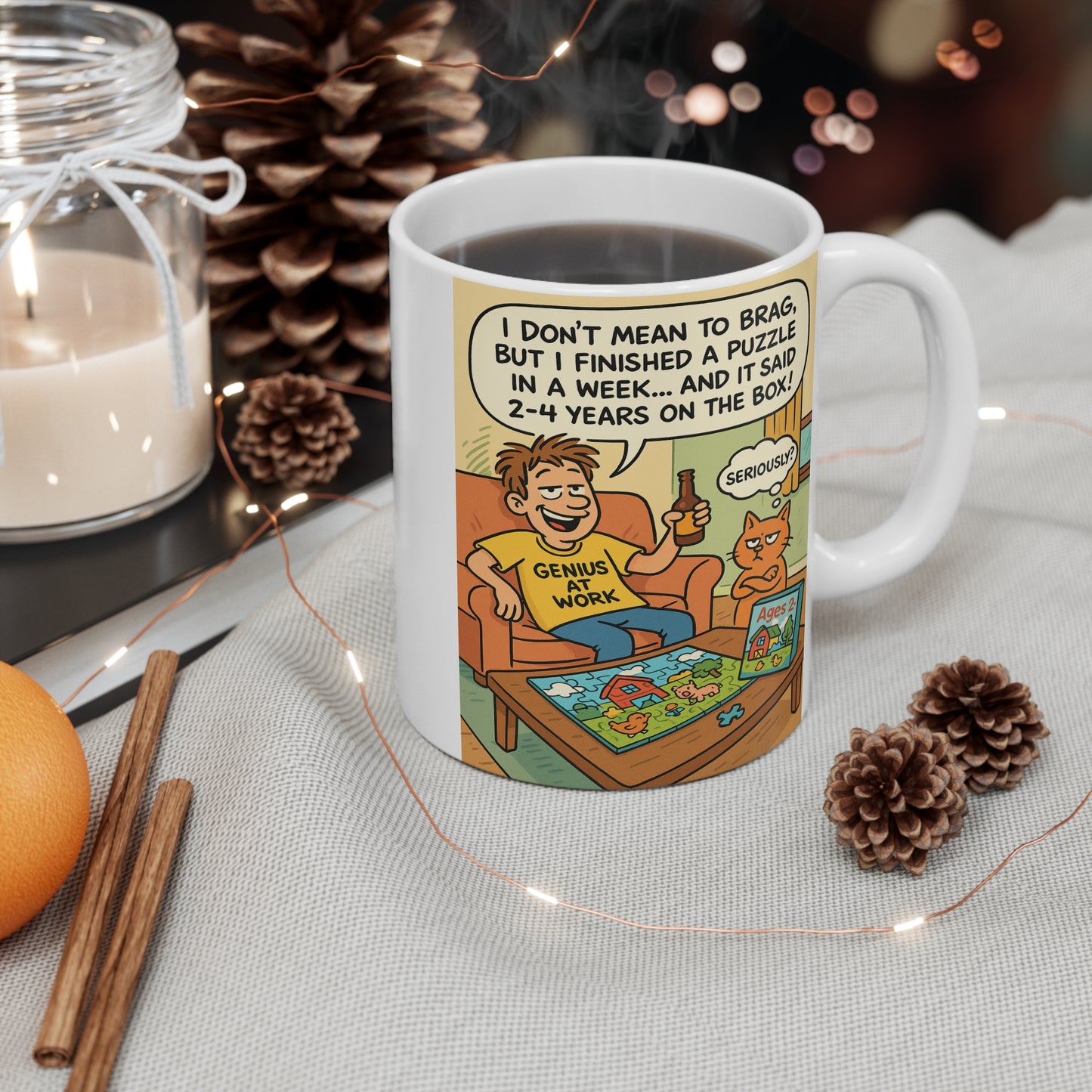 Mug with a cartoon design featuring a person and cat at a table with text, surrounded by decorative items like pine cones and an orange.