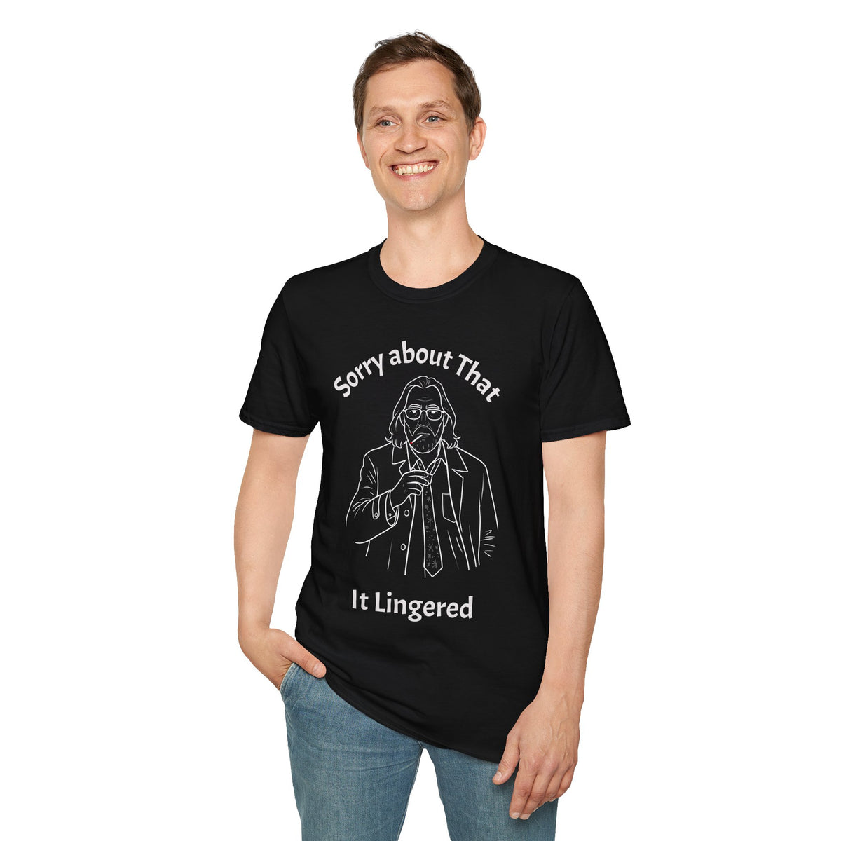 Person wearing a black t-shirt with a paddle graphic and 'text on a white background