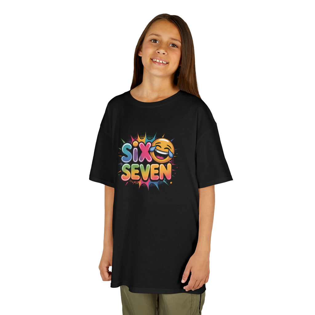 Child wearing a black t-shirt with colorful 'Six Seven' design on a white background