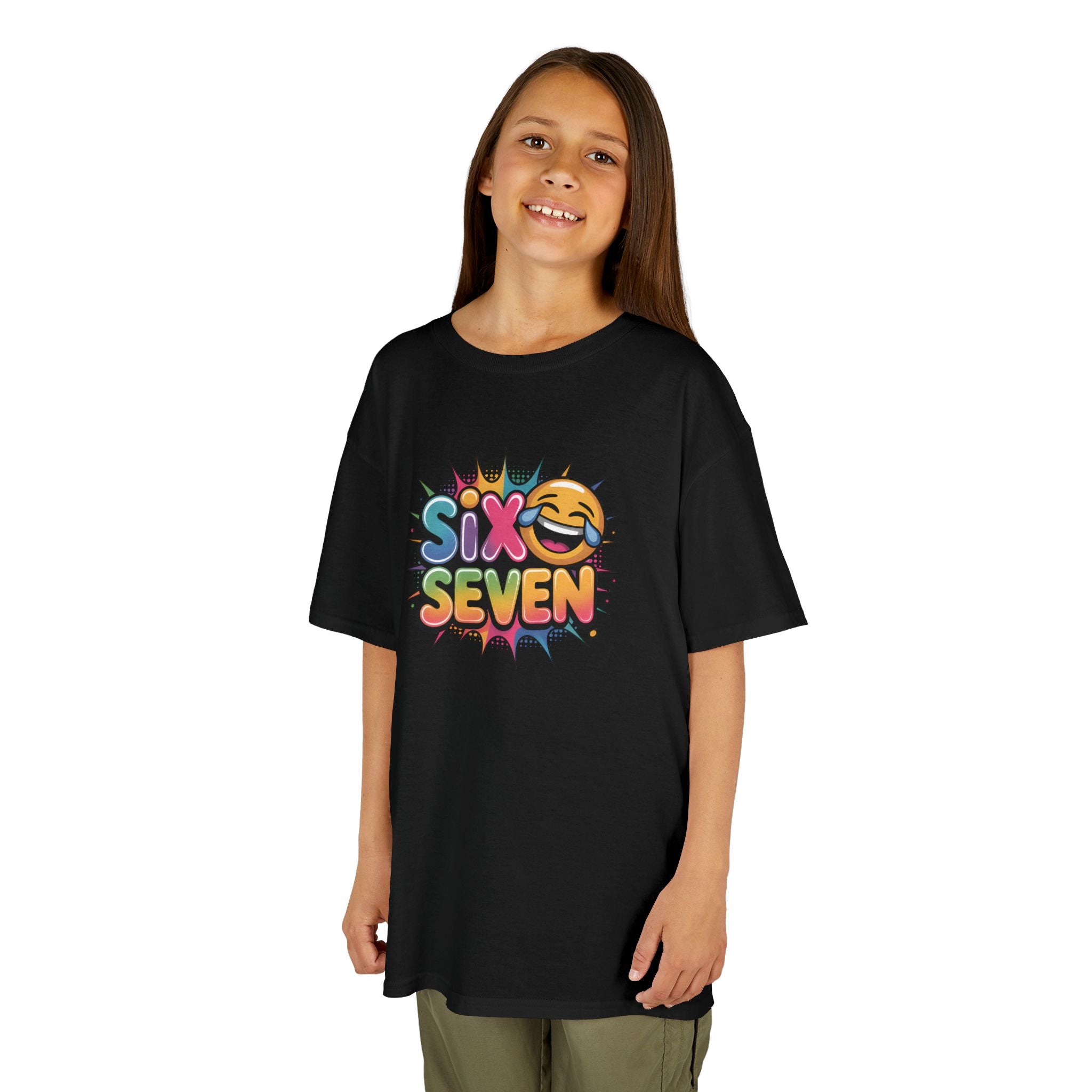 Child wearing a black t-shirt with colorful 'Six Seven' design on a white background