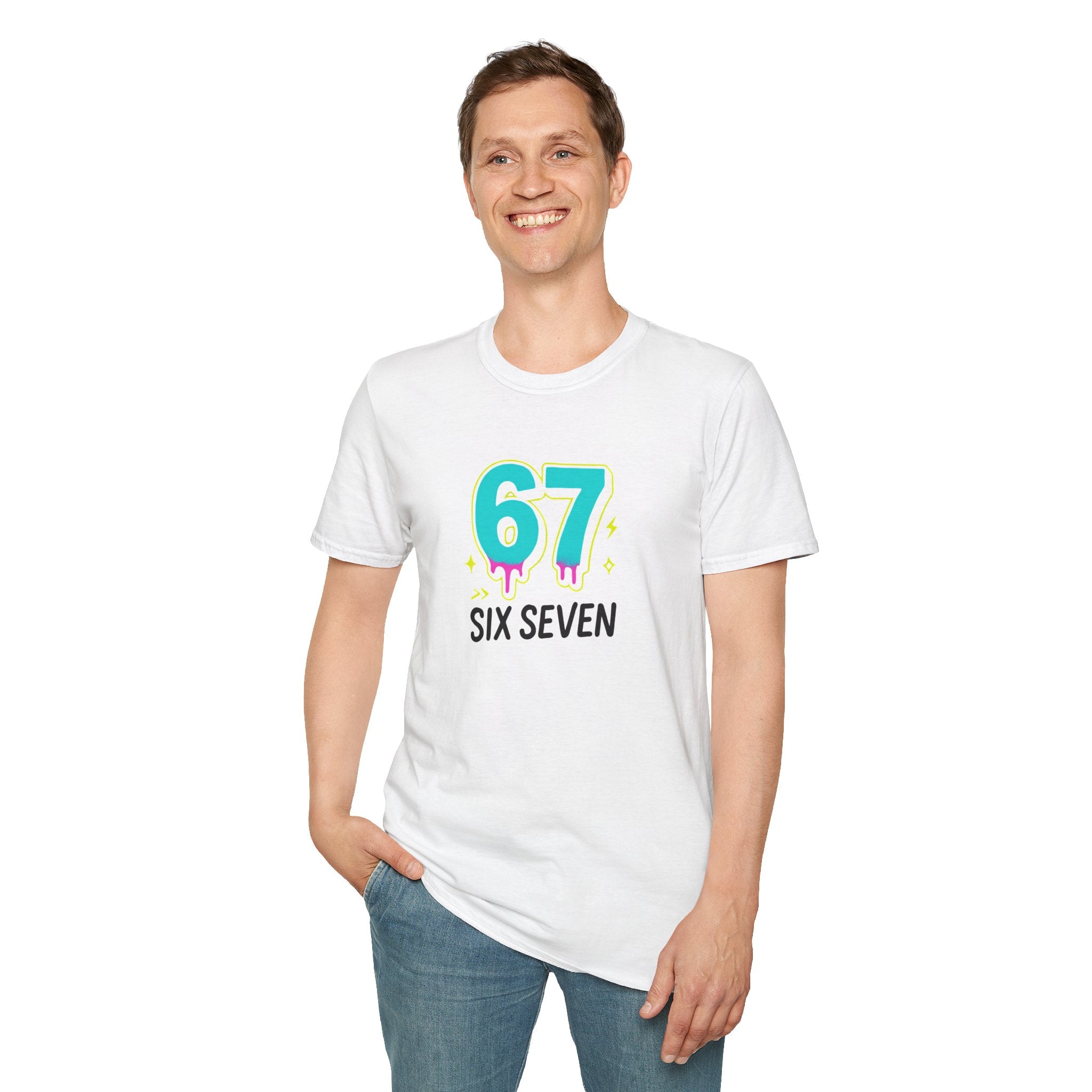 Person wearing a white t-shirt with '67 SIX SEVEN' design on a white background
