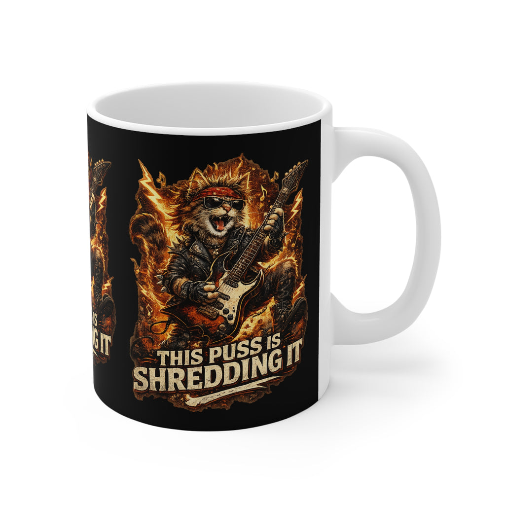 Rock Cat Guitar Mug — "This Puss Is Shredding It" 11oz Coffee Cup 