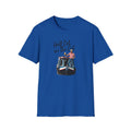 Blue t-shirt with a graphic of a person on a boat and text 'Half Cut on the Cut' on a white background