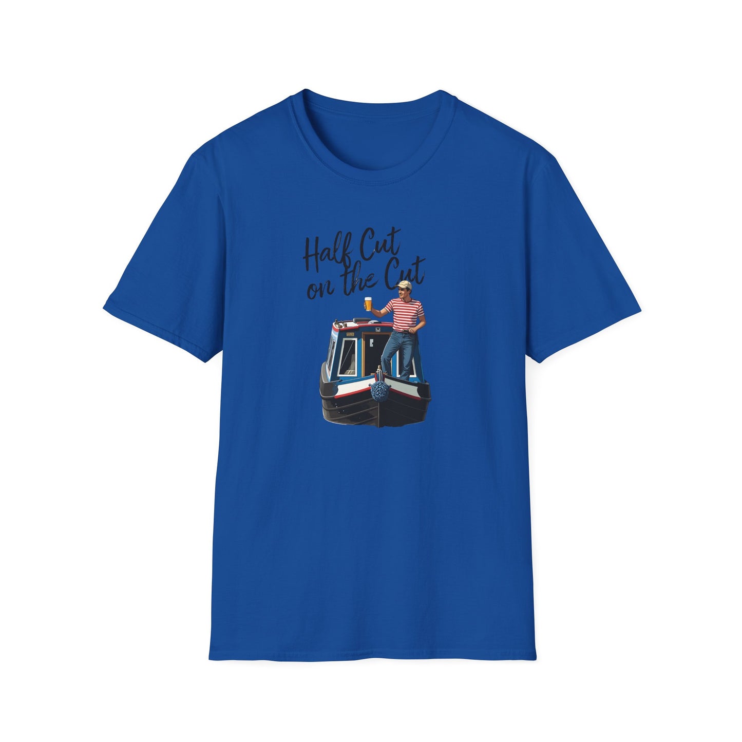 Blue t-shirt with a graphic of a person on a boat and text 'Half Cut on the Cut' on a white background