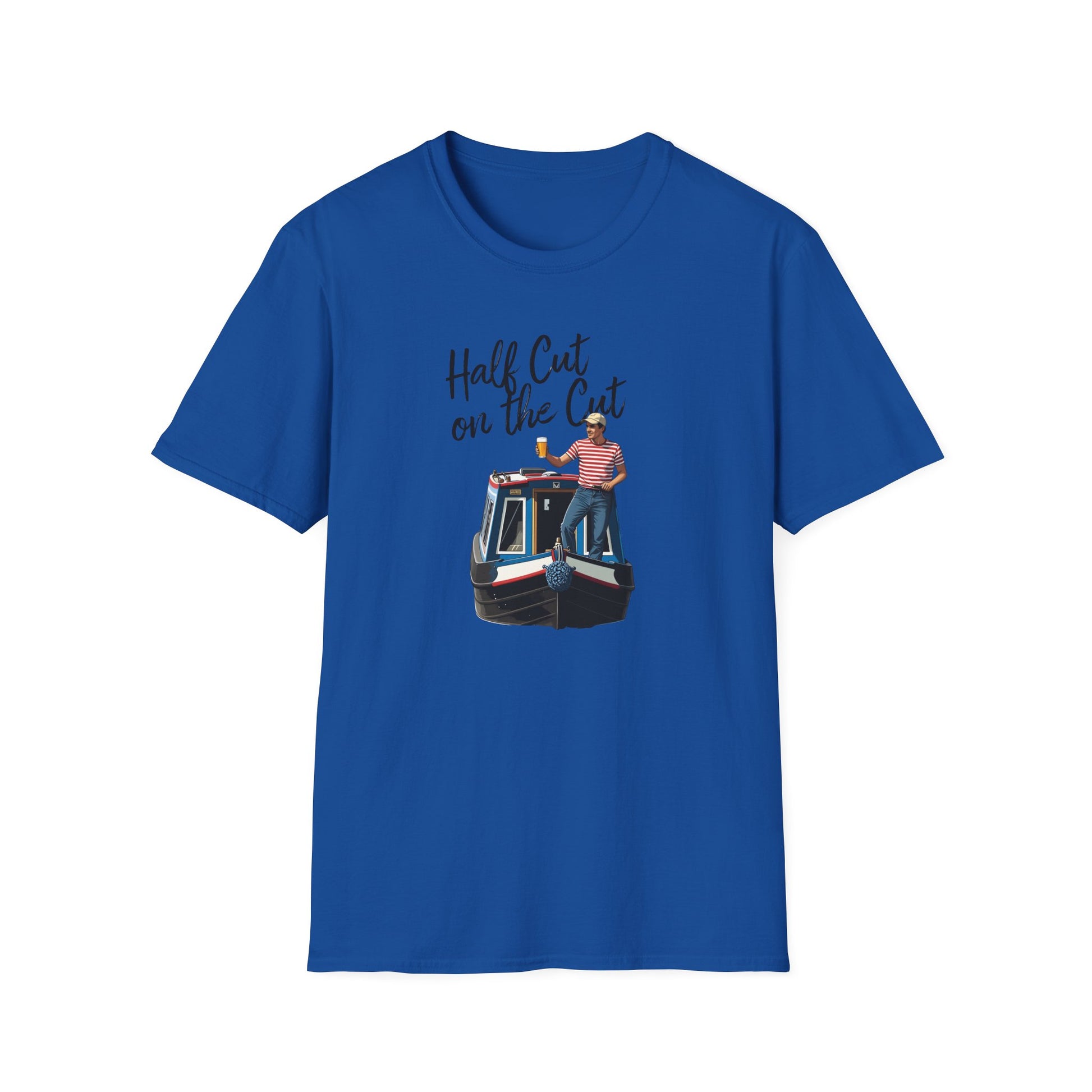 Blue t-shirt with a graphic of a person on a boat and text 'Half Cut on the Cut' on a white background