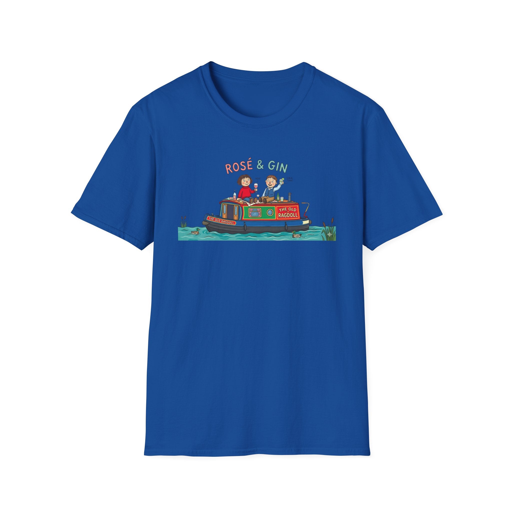 Blue t-shirt with a graphic of two people on a boat and 'Rose & Gin' text on a white background