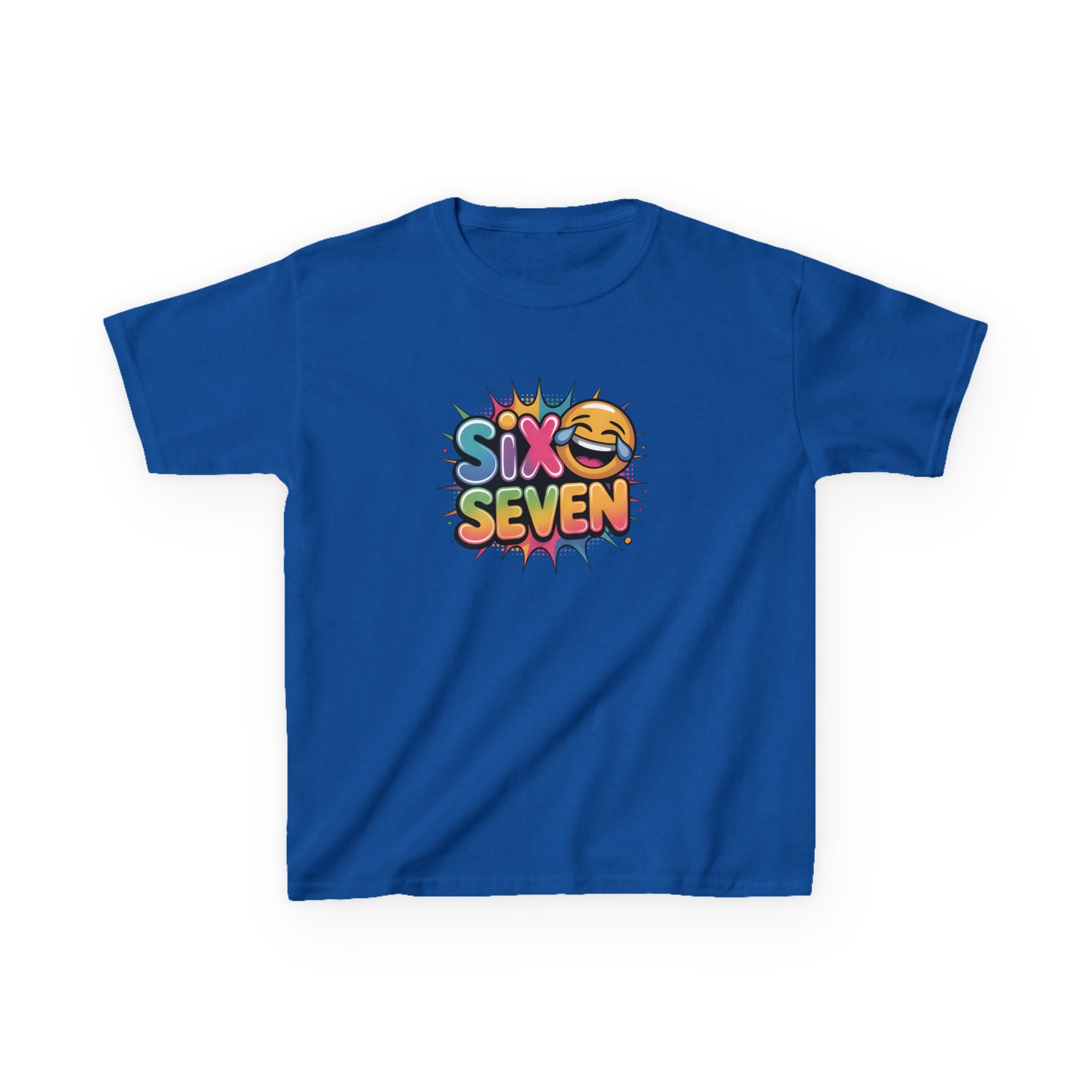 Blue t-shirt with 'Six Seven' colorful design on a white background
